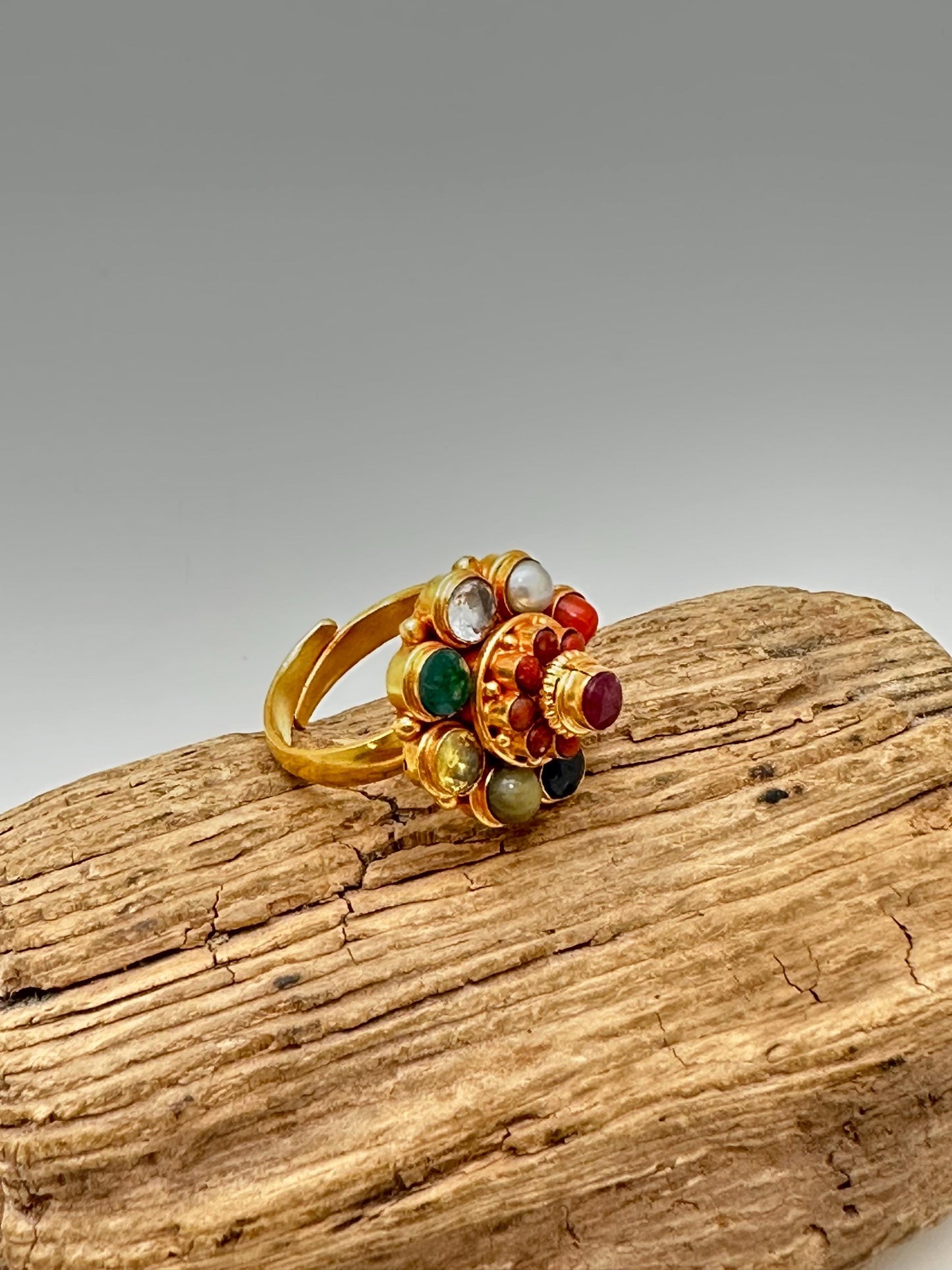 Navaratna Gemstone Ring: 24K Gold Plated Sterling Silver, Adjustable