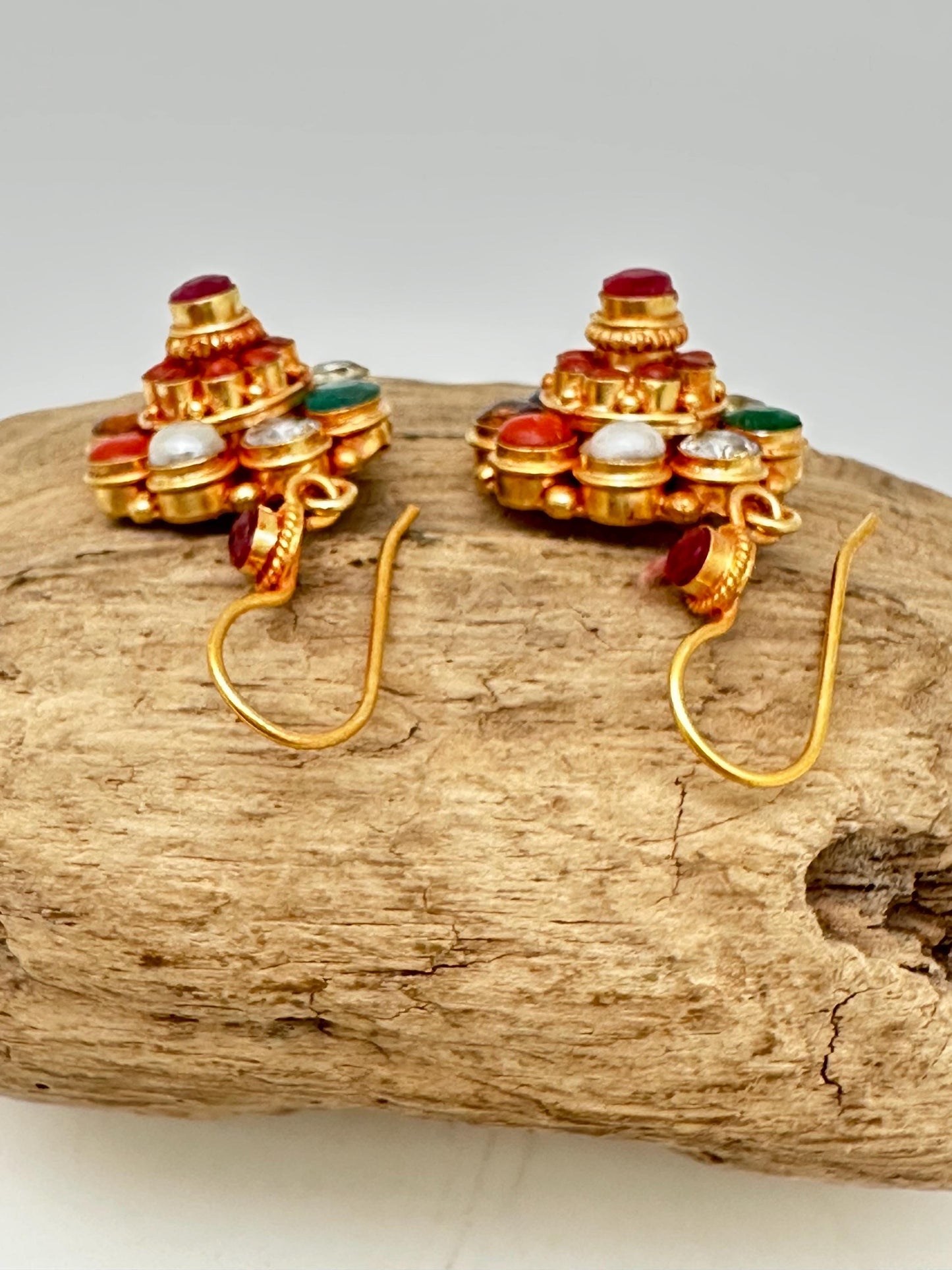 Navaratna ,Gemstone Earring, Gold Plated Sterling Silver Flower