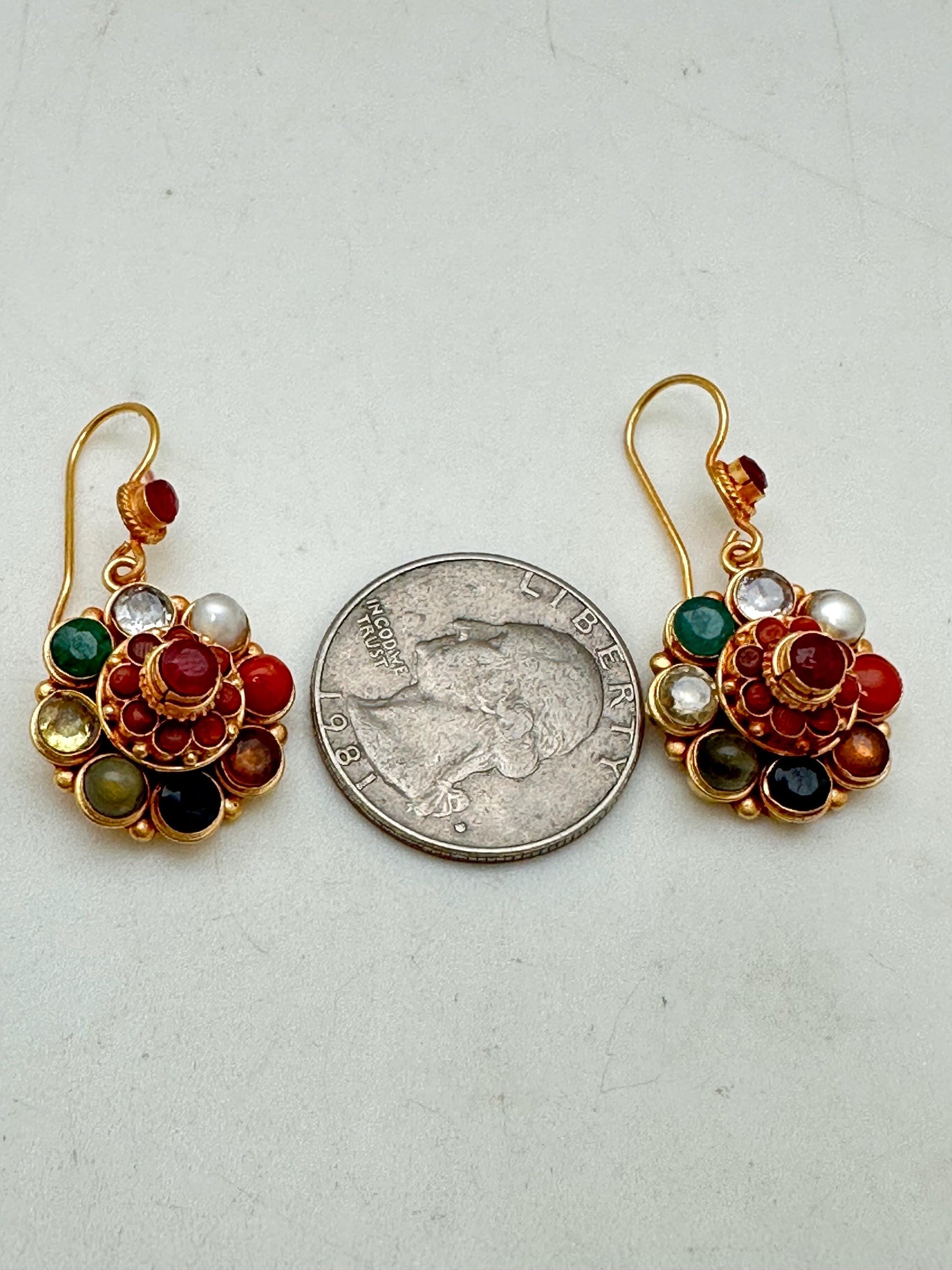 Navaratna ,Gemstone Earring, Gold Plated Sterling Silver Flower