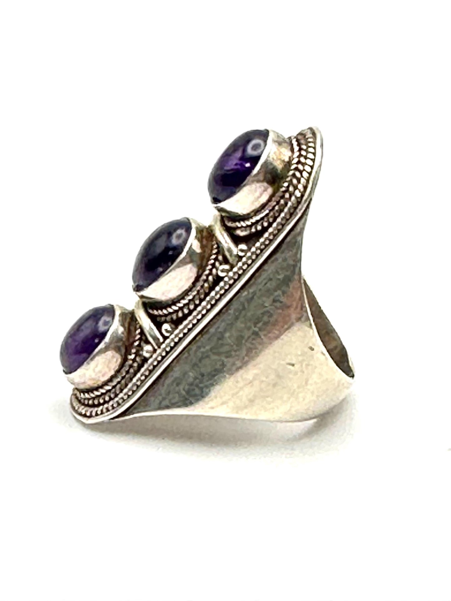 Amethyst ring, handcrafted,sterling silver,fashion jewelry,Triple stone ring,