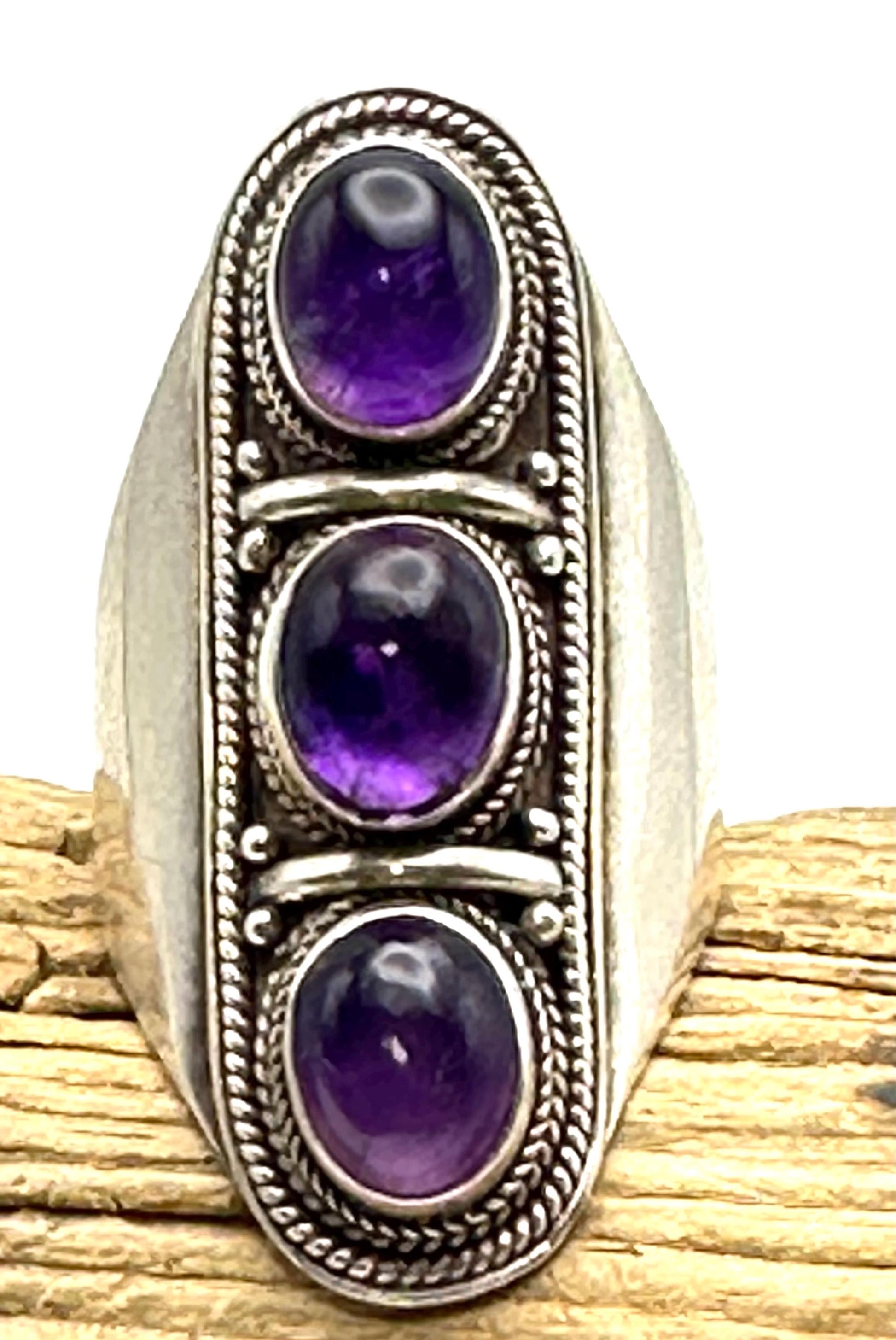 Amethyst ring, handcrafted,sterling silver,fashion jewelry,Triple stone ring,