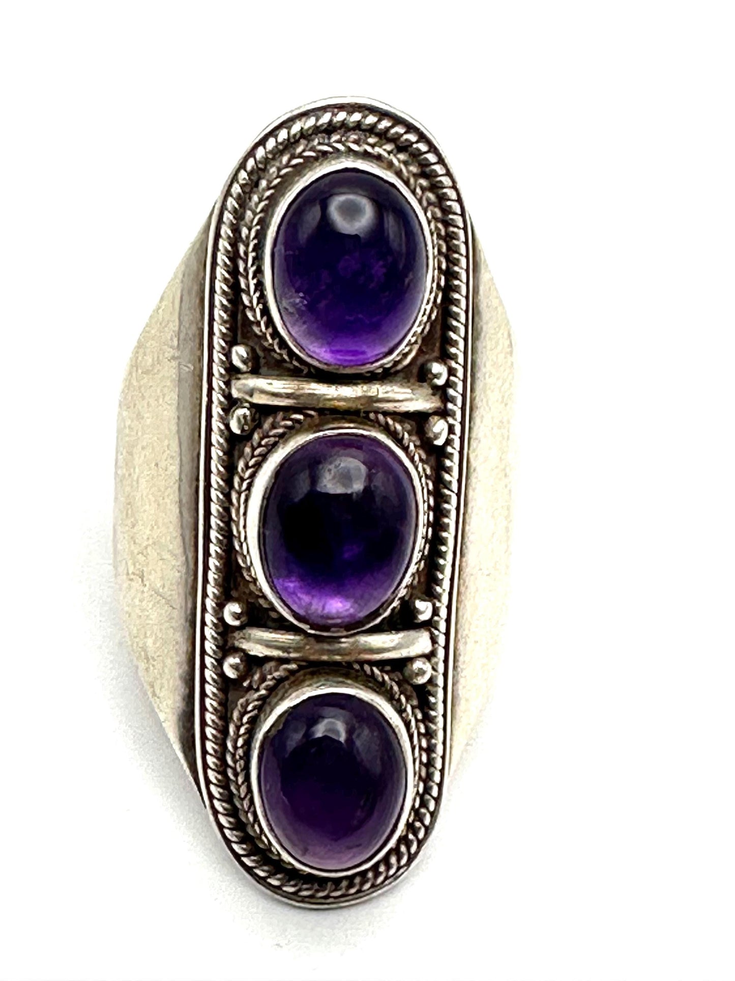 Amethyst ring, handcrafted,sterling silver,fashion jewelry,Triple stone ring,