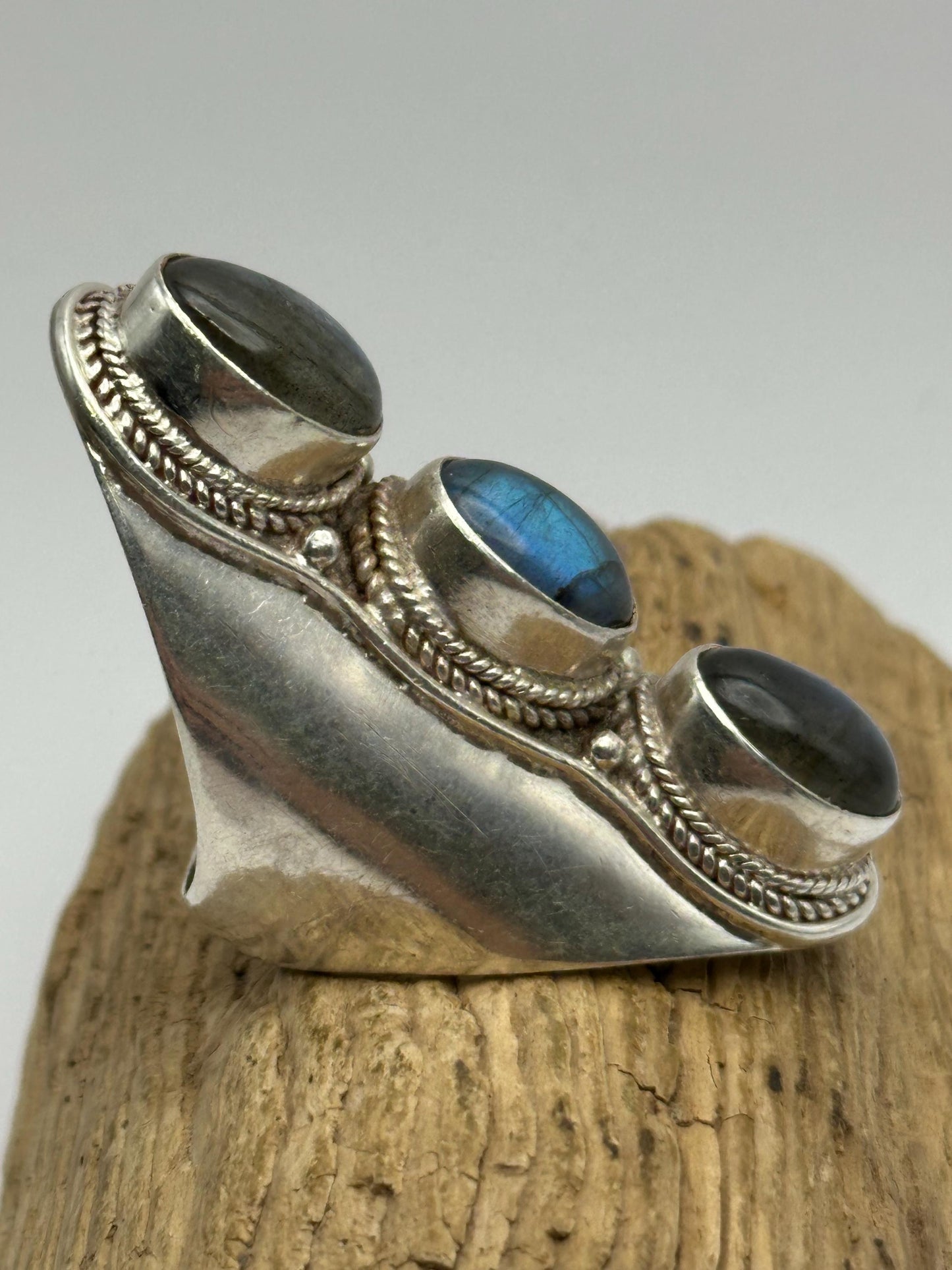 labradorite ring,triple stone ring,sterling silver, fashion jewelry