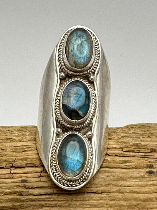 labradorite ring,triple stone ring,sterling silver, fashion jewelry