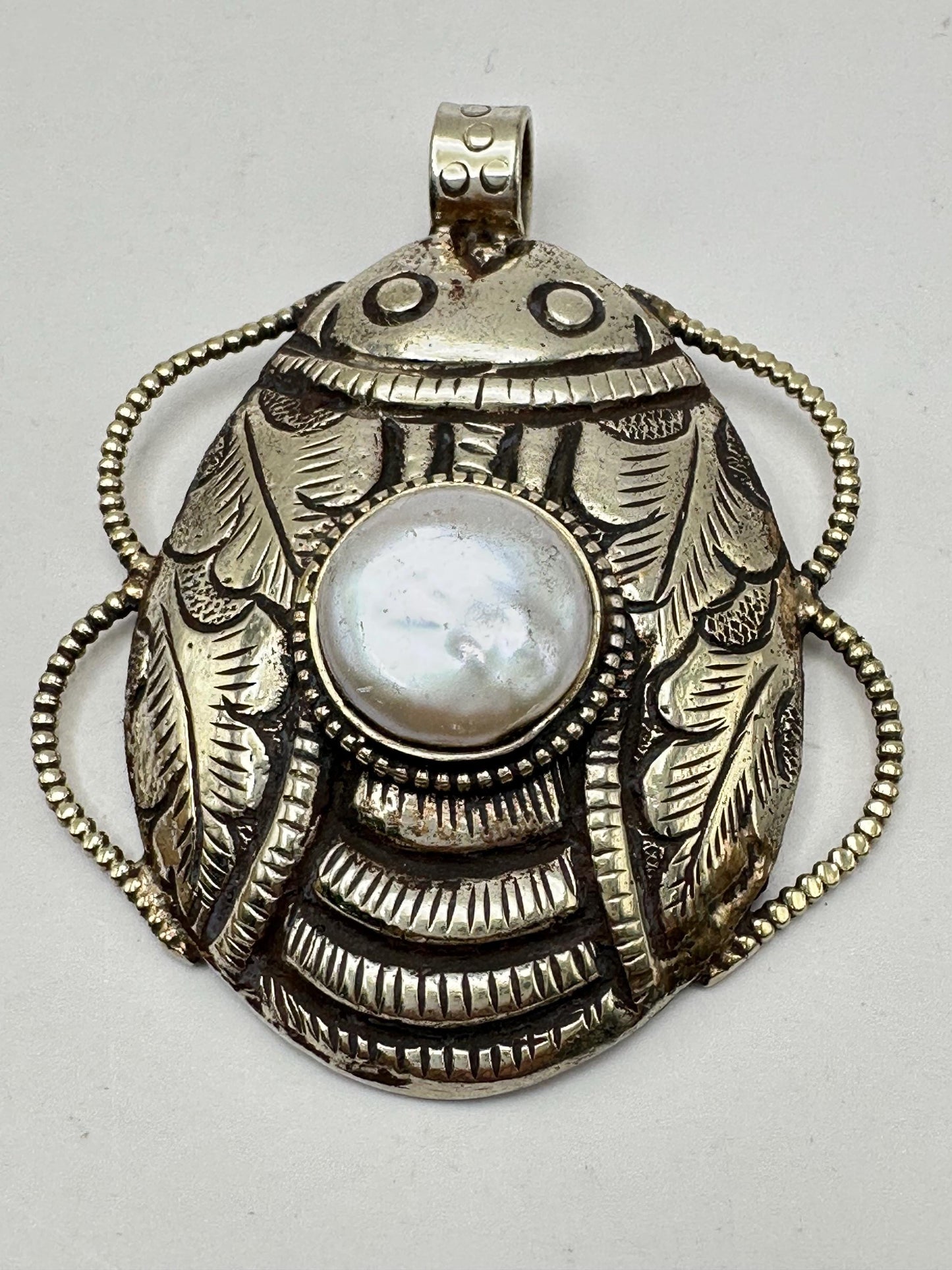 scarab pendant,handcrafted,mother of pearl,Tibetan silver,bug pendant