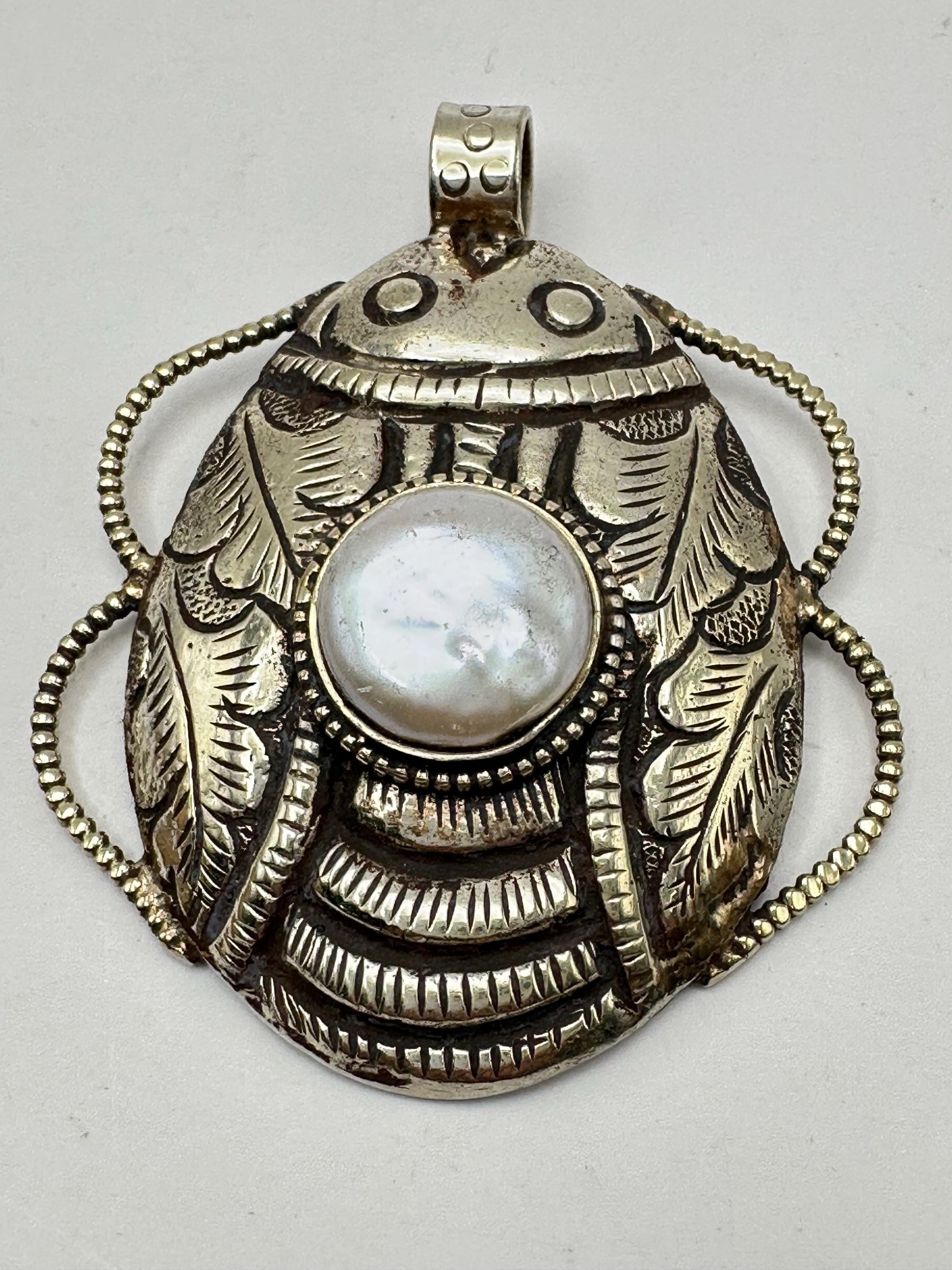 scarab pendant,handcrafted,mother of pearl,Tibetan silver,bug pendant