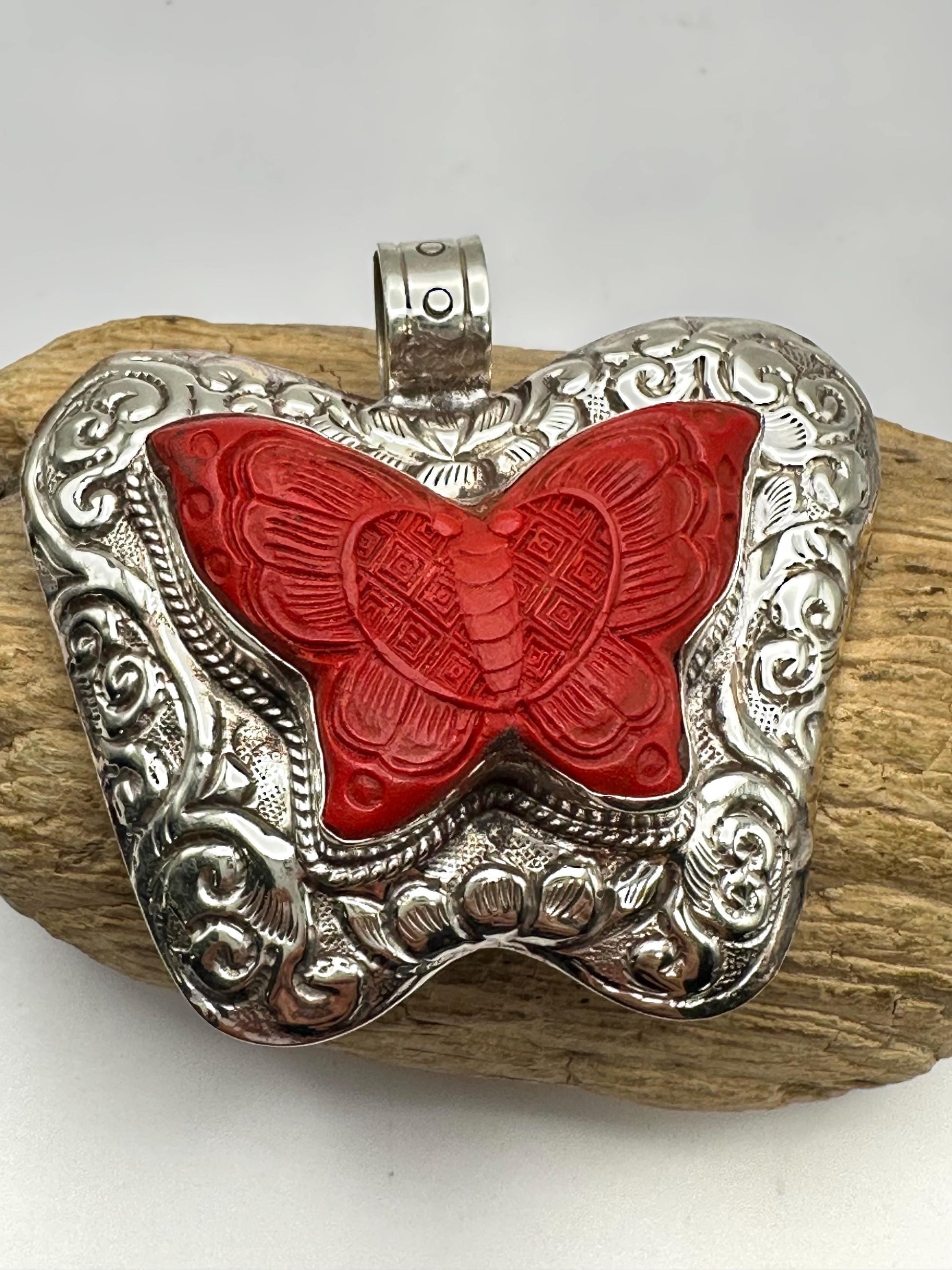 Cinnabar Butterfly Pendant: Handcrafted Tibetan Silver, Nepalese