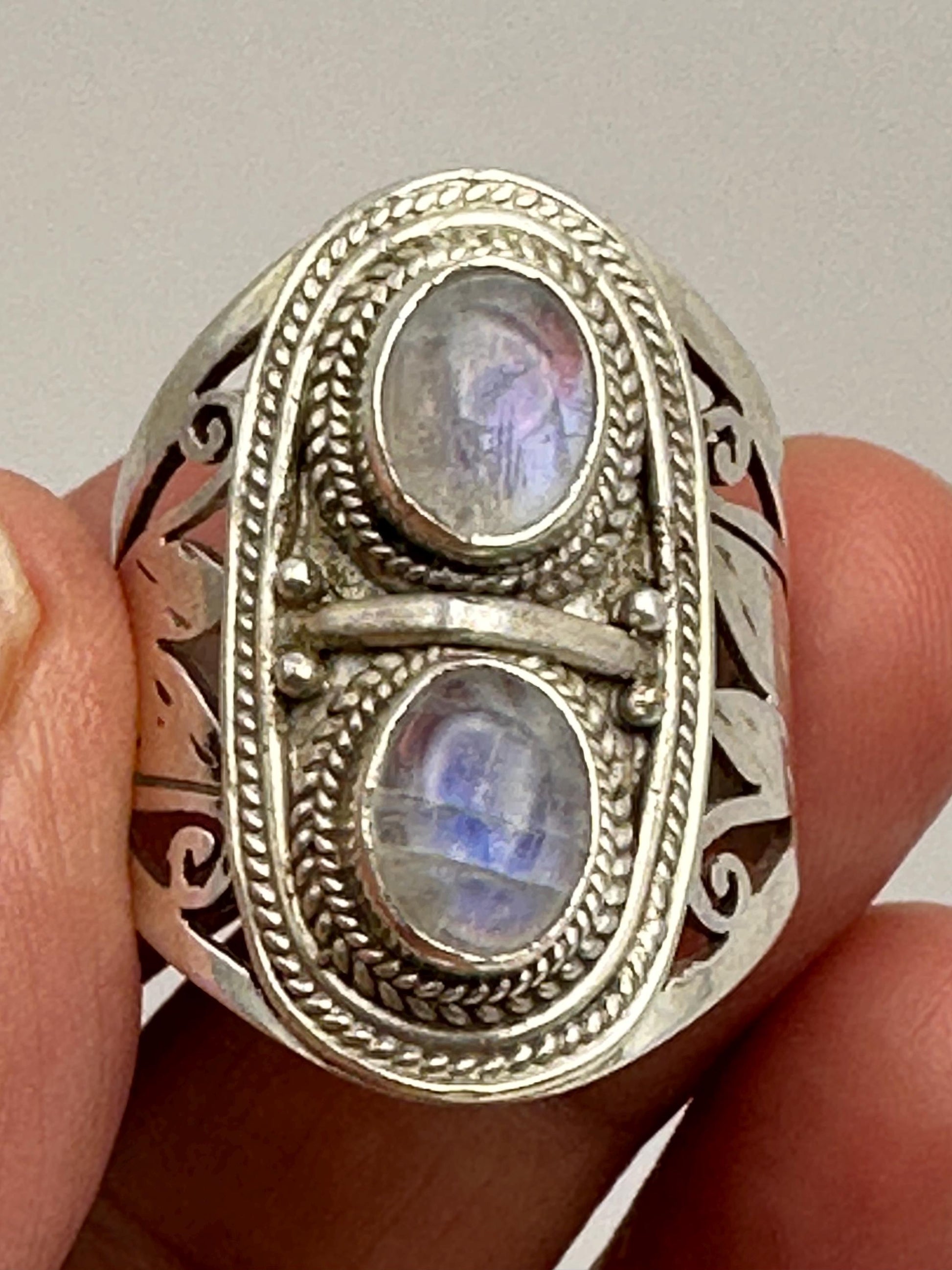 Moon stone ring,rainbow moonstone,handcrafted,sterling silver, ethnic style,Nepalese