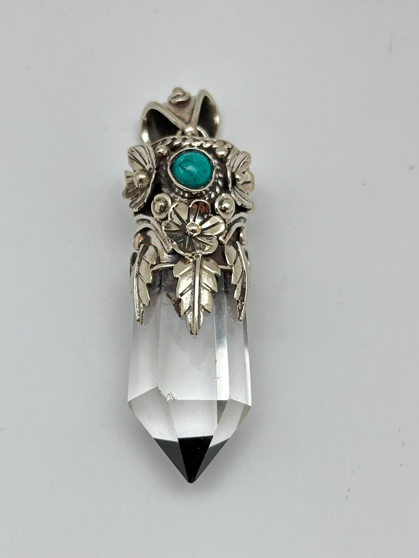 Quartz crystal point pendant, handcrafted, Tibetan silver, turquoise, floral, Nepalese, ethnic style,