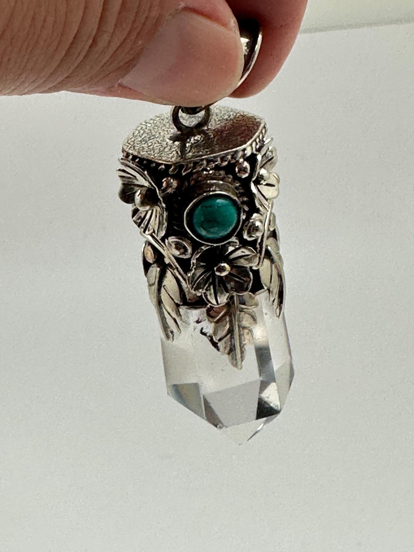 Quartz crystal point pendant, handcrafted, Tibetan silver, turquoise, floral, Nepalese, ethnic style,