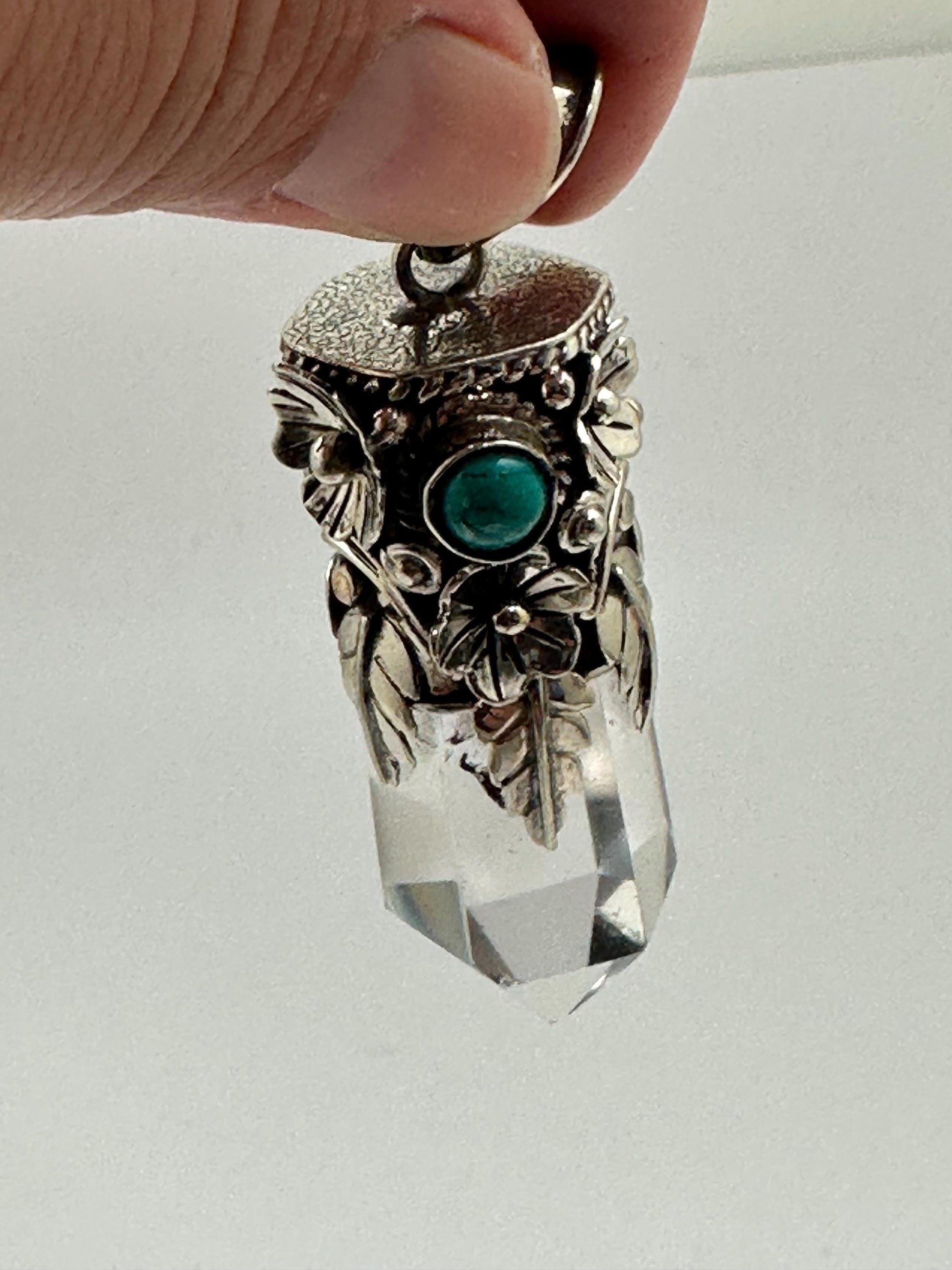Quartz crystal point pendant, handcrafted, Tibetan silver, turquoise, floral, Nepalese, ethnic style,