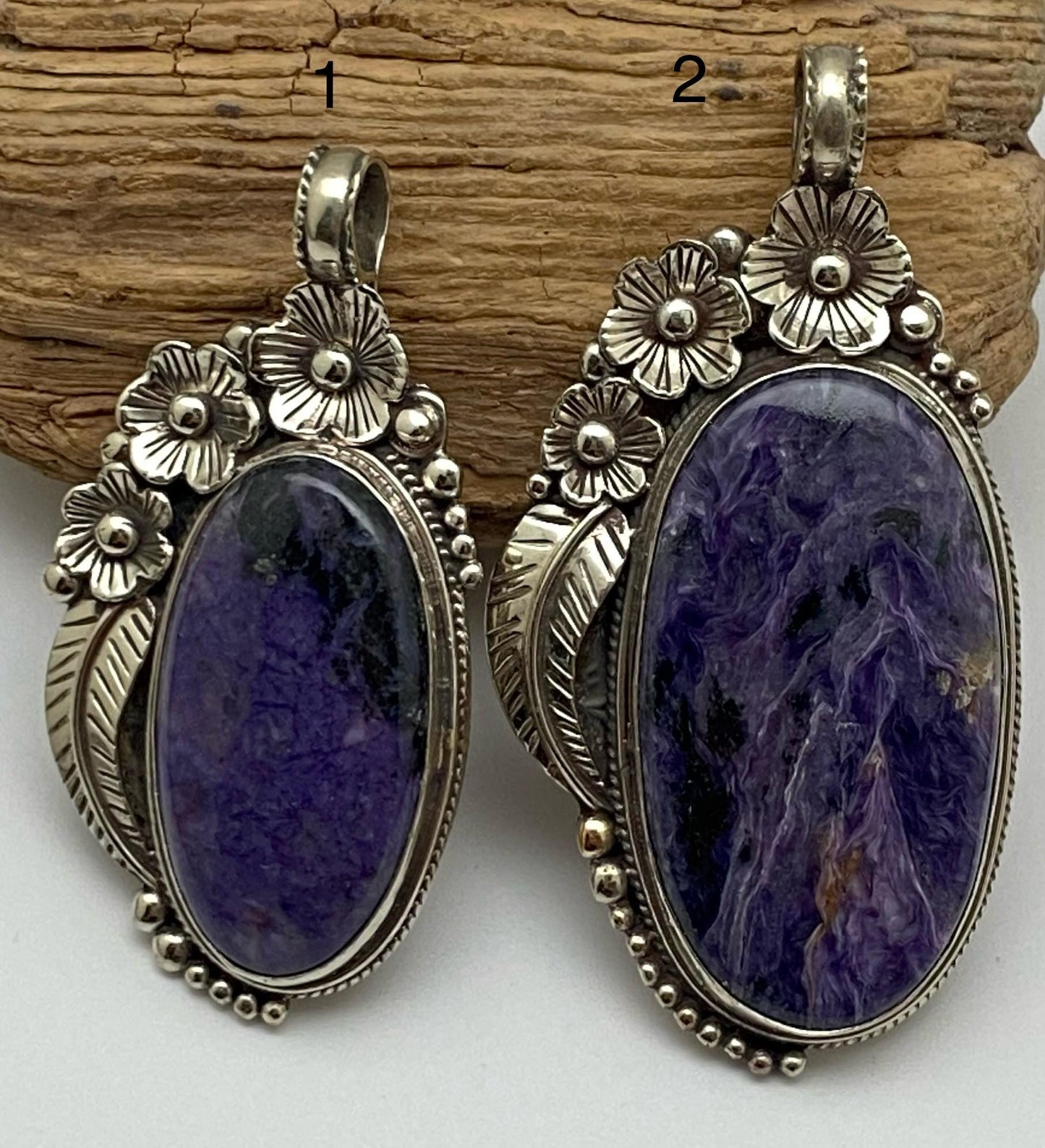 Charoite Pendant, Handcrafted, Tibetan silver, floral design, ethnic style, Nepalese