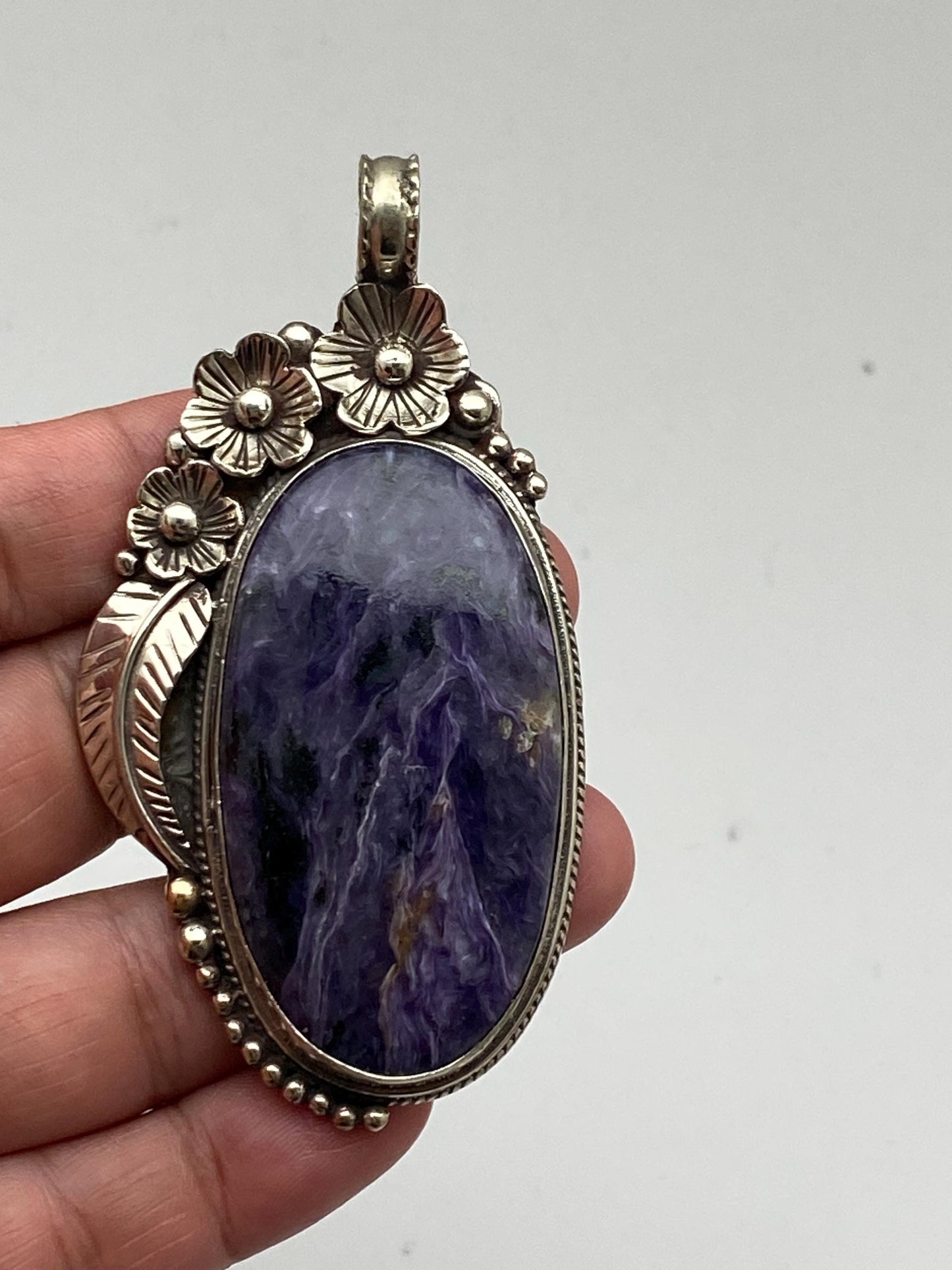 Charoite Pendant, Handcrafted, Tibetan silver, floral design, ethnic style, Nepalese