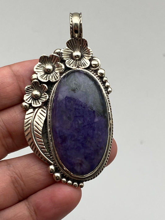 Charoite Pendant, Handcrafted, Tibetan silver, floral design, ethnic style, Nepalese