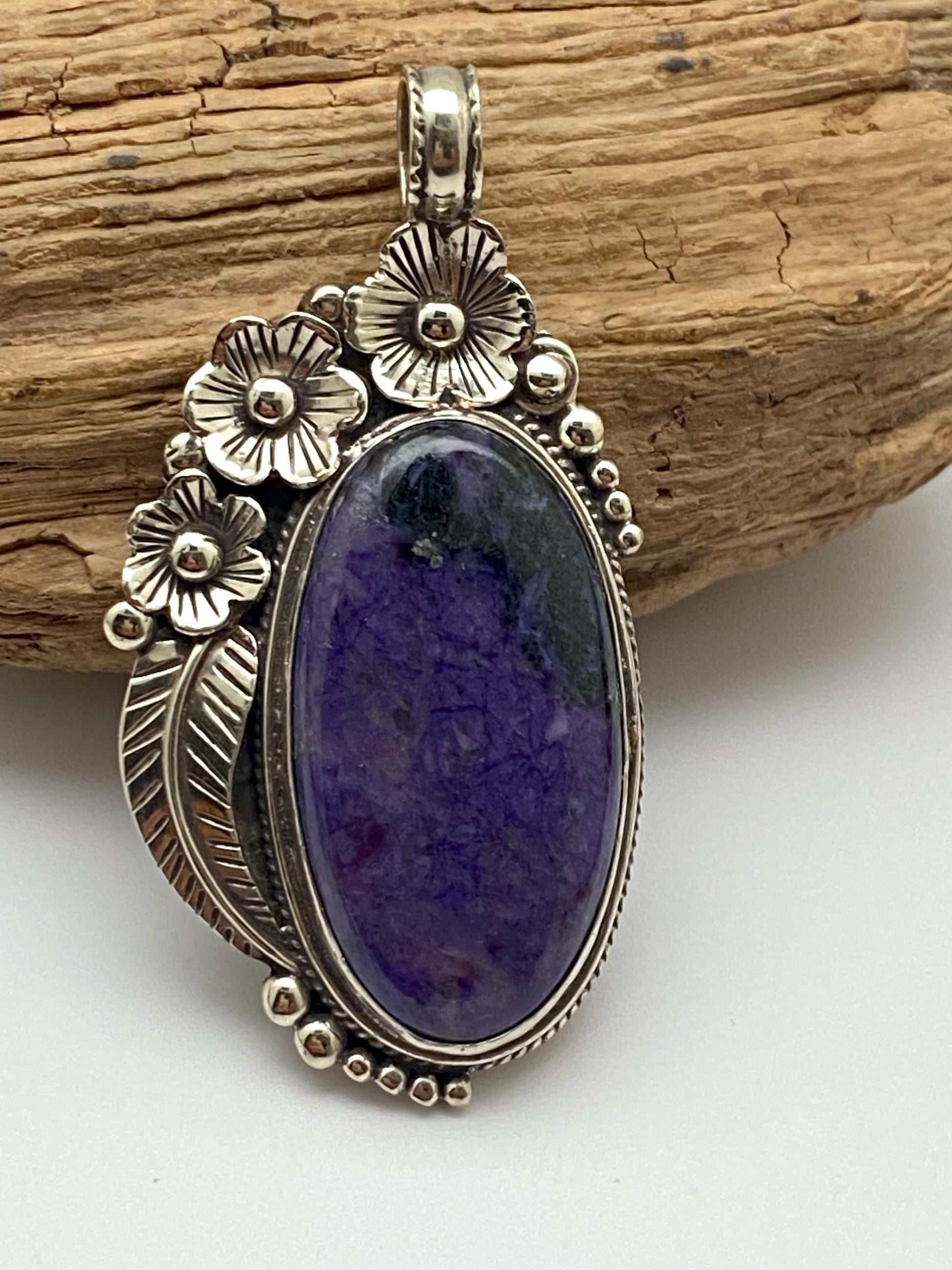 Charoite Pendant, Handcrafted, Tibetan silver, floral design, ethnic style, Nepalese
