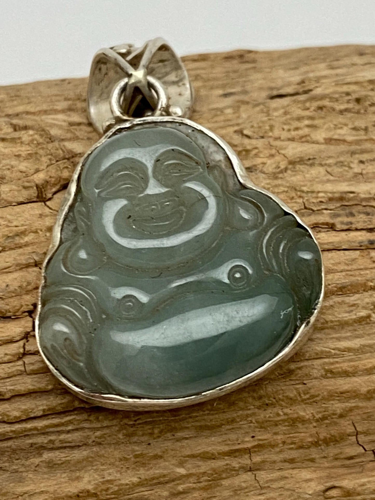 Jade Happy Buddha Pendant: Sterling Silver Amulet, Handcrafted Nepalese