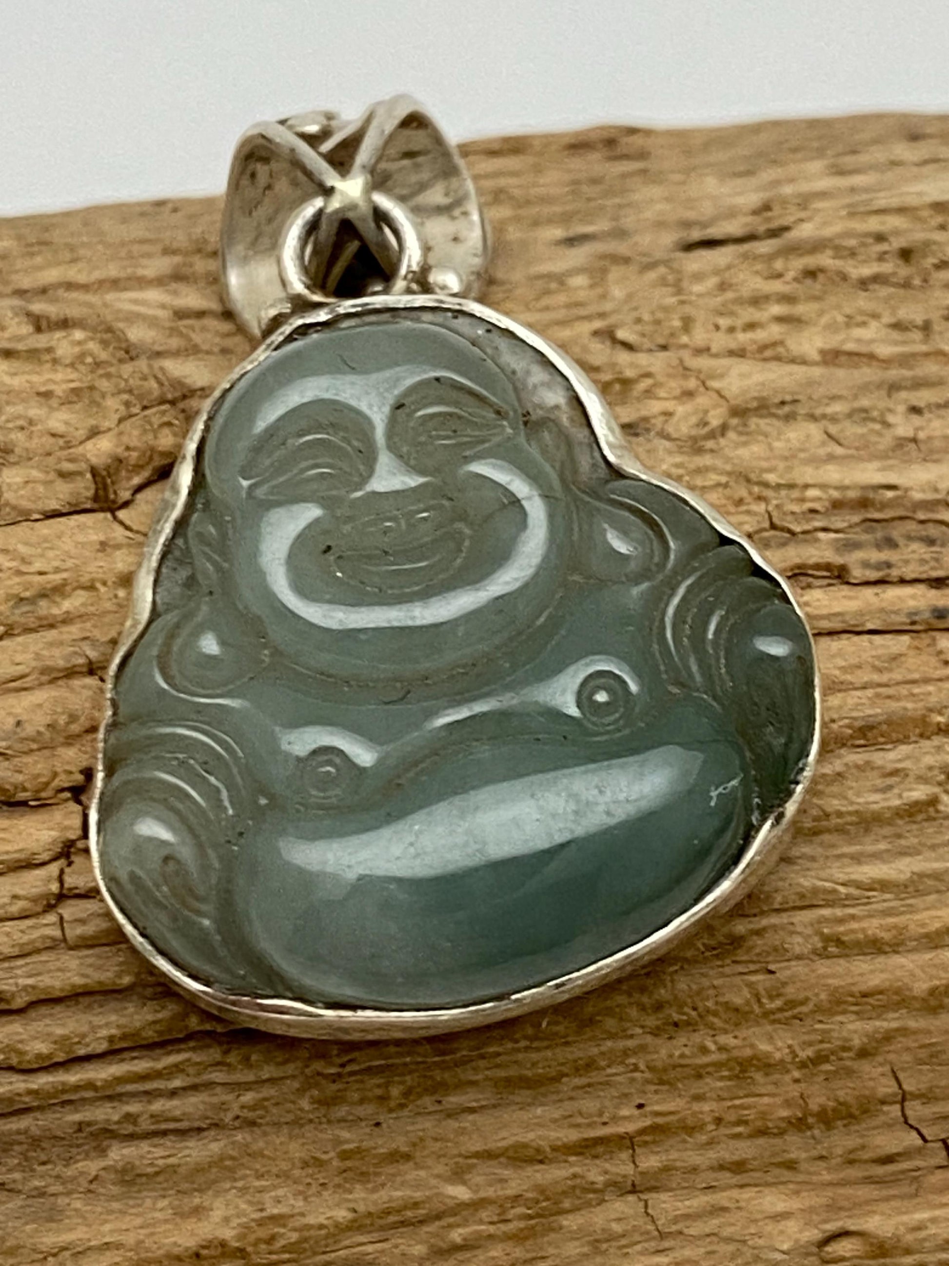Jade Happy Buddha Pendant: Sterling Silver Amulet, Handcrafted Nepalese