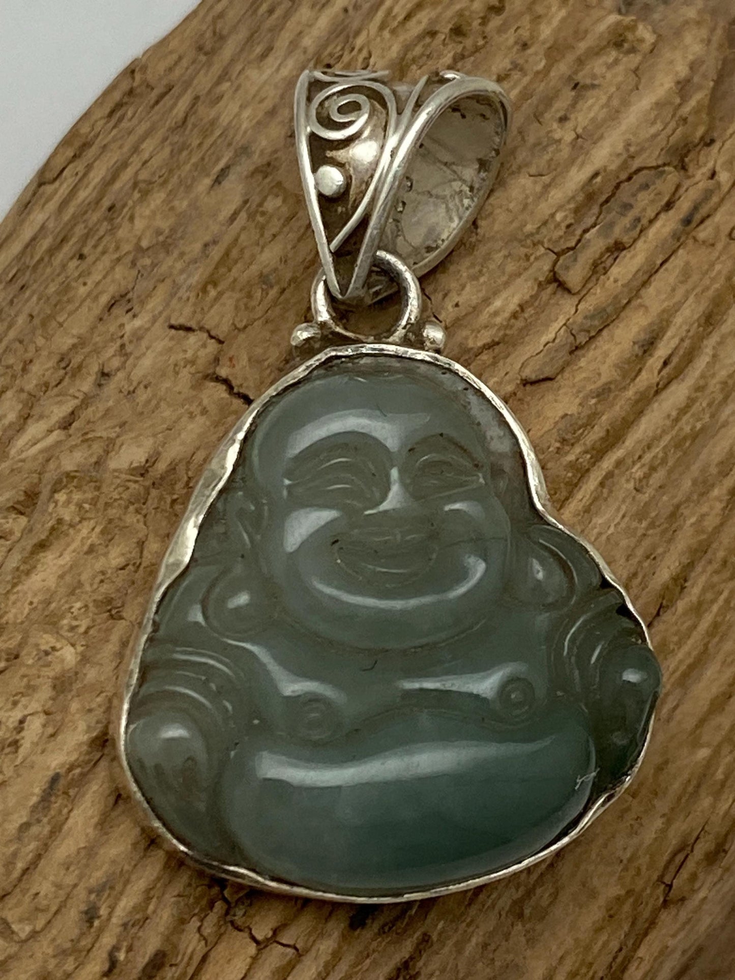 Jade Happy Buddha Pendant: Sterling Silver Amulet, Handcrafted Nepalese