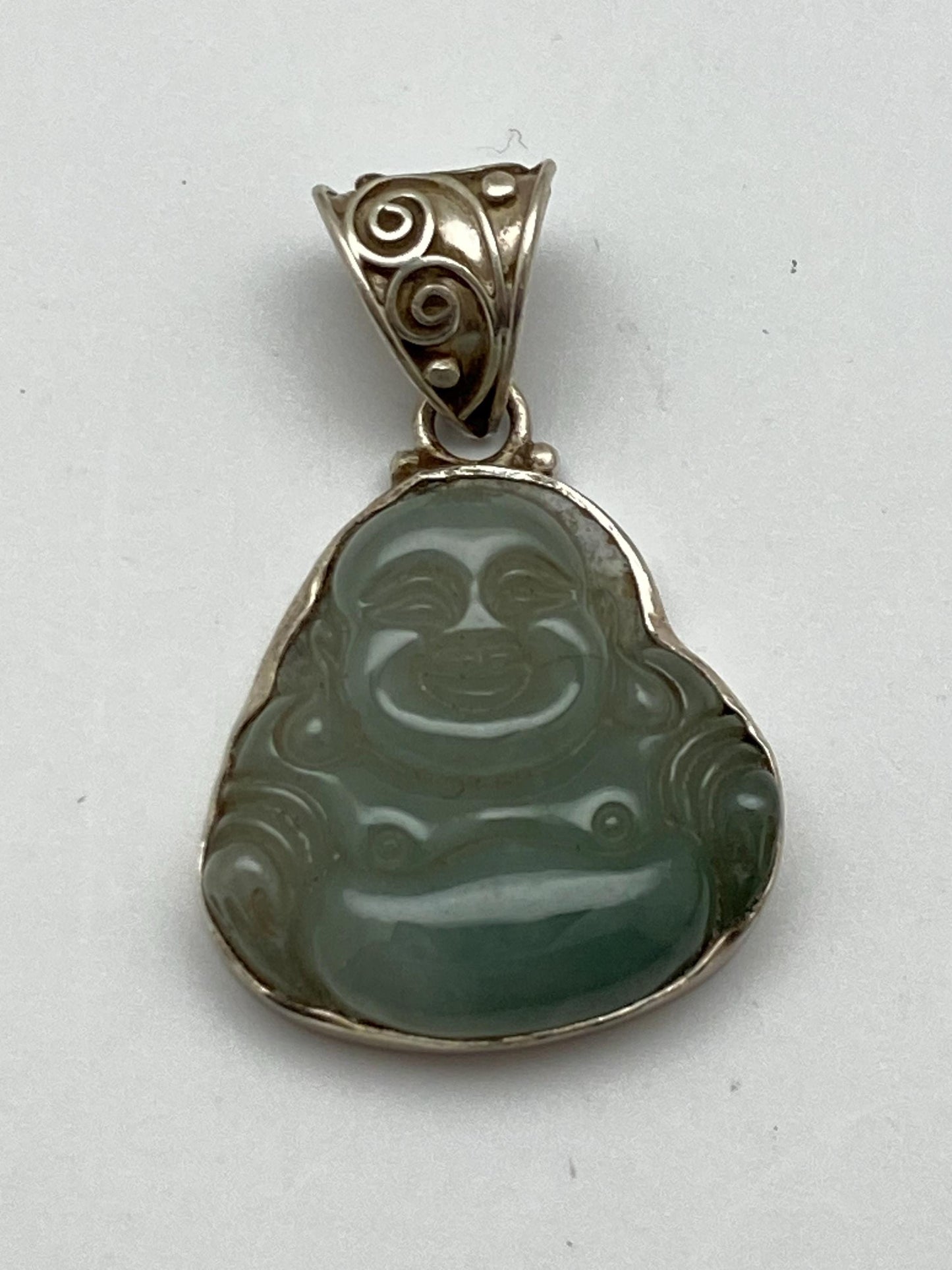 Jade Happy Buddha Pendant: Sterling Silver Amulet, Handcrafted Nepalese