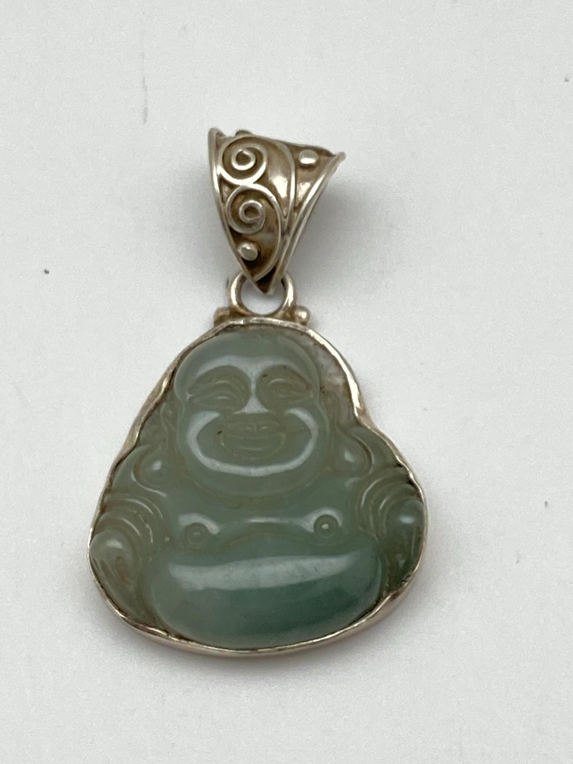 Jade Happy Buddha Pendant: Sterling Silver Amulet, Handcrafted Nepalese