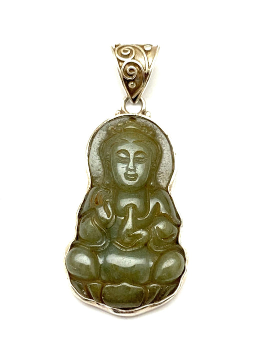 Handcrafted Jade KwanYin Pendant: Sterling Silver Boddhisatva