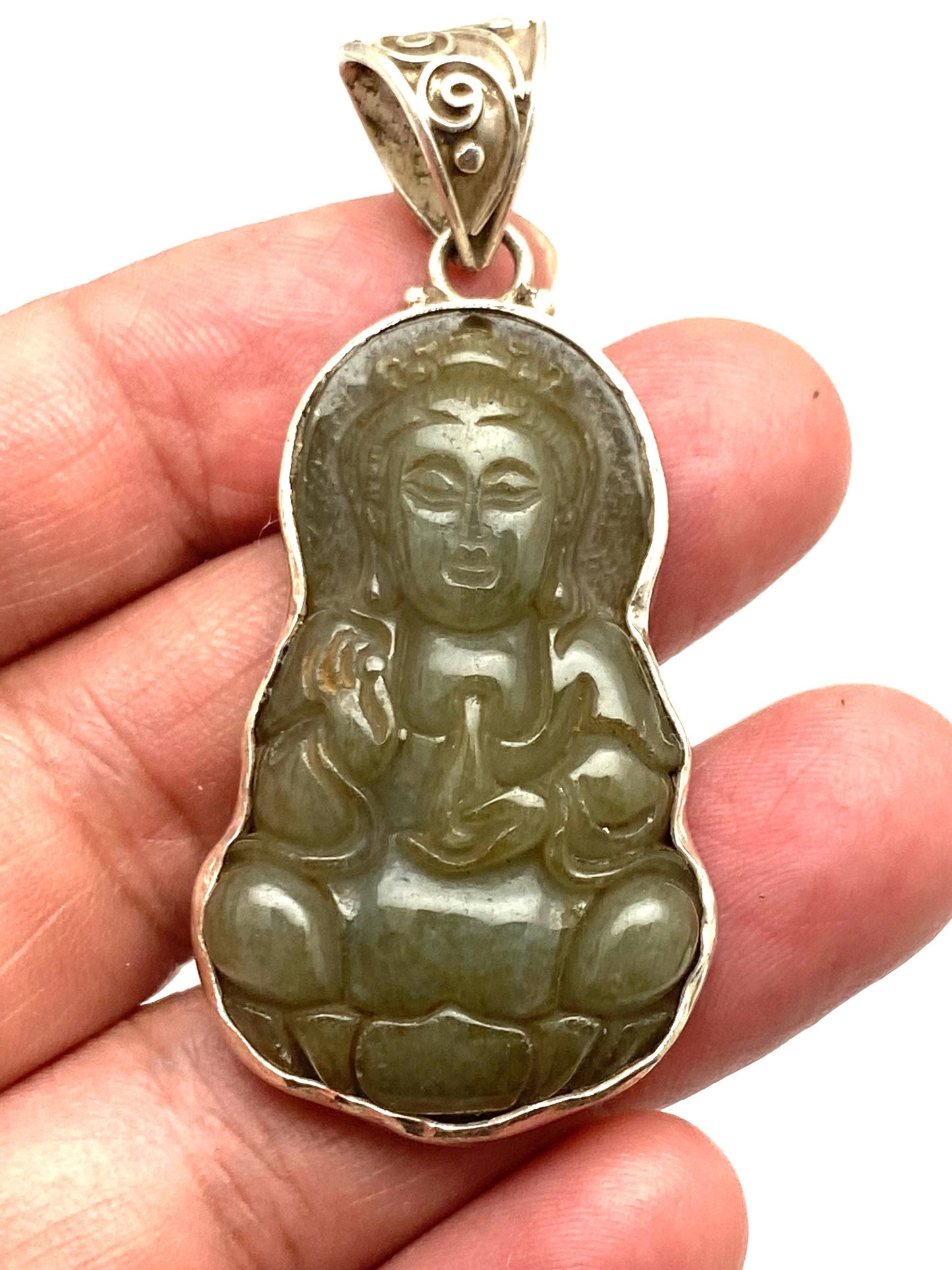 Handcrafted Jade KwanYin Pendant: Sterling Silver Boddhisatva