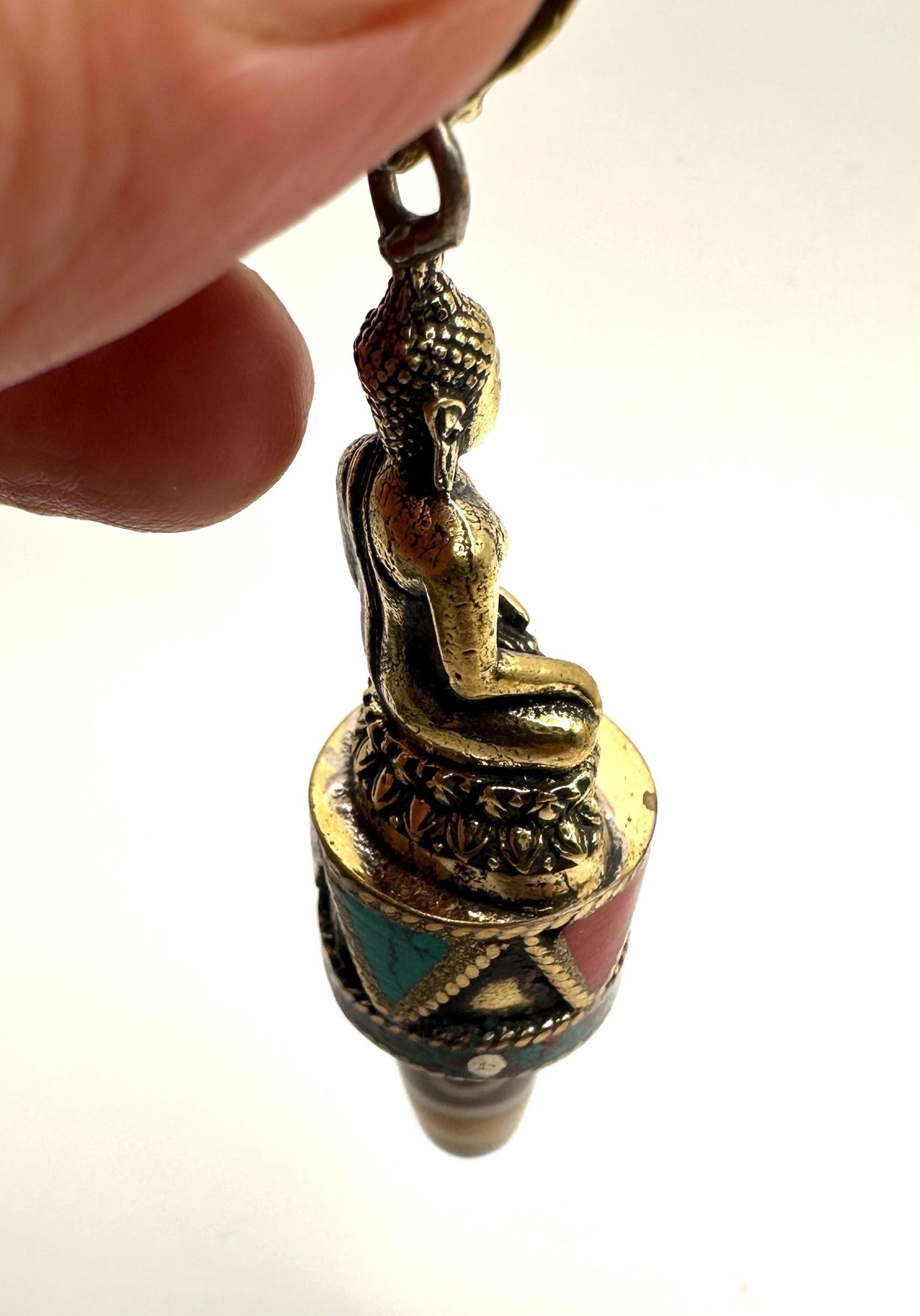 Handcrafted Brass Buddha Pendant: Agate Dzi Bead, Nepalese
