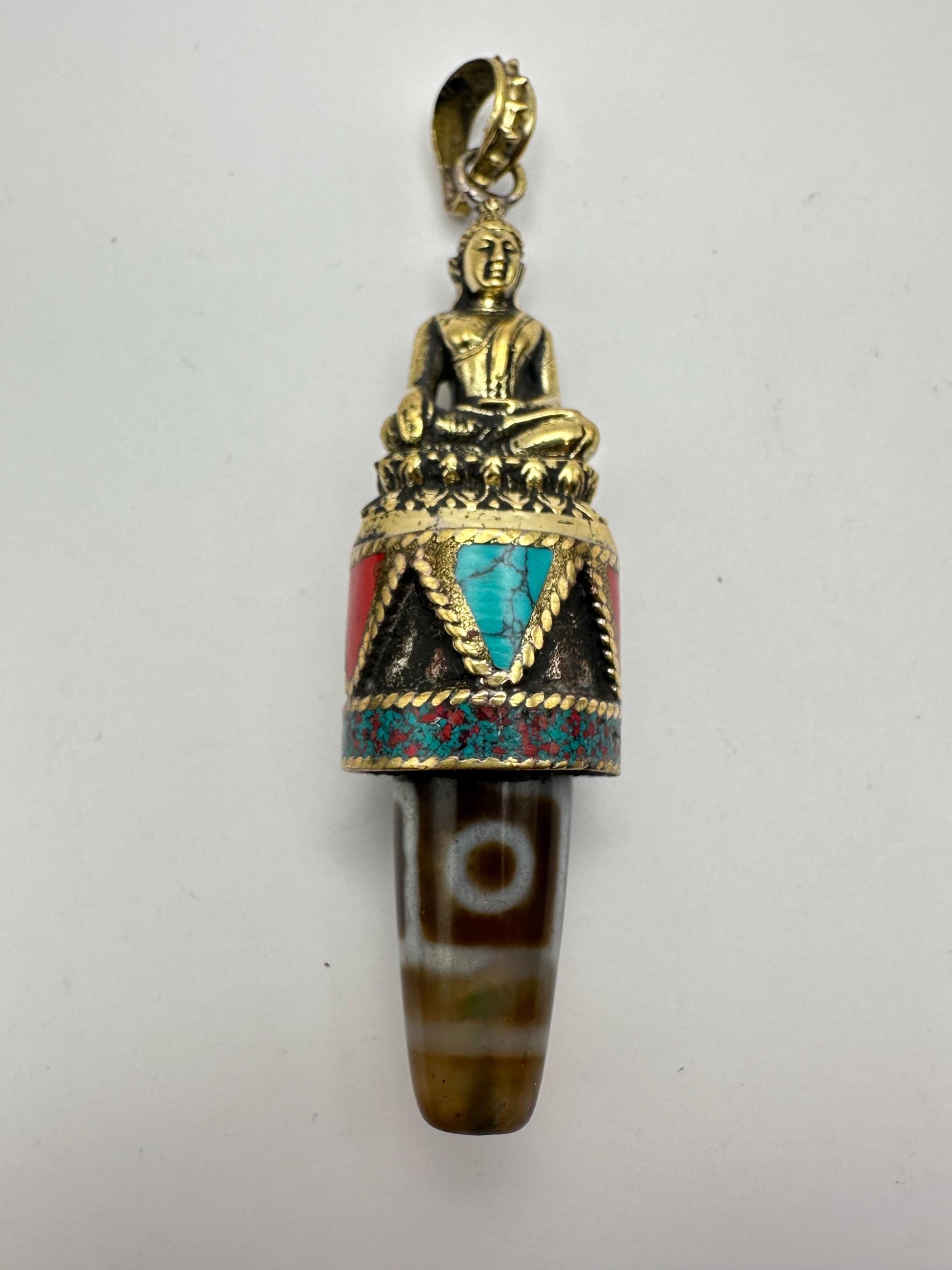 Handcrafted Brass Buddha Pendant: Agate Dzi Bead, Nepalese
