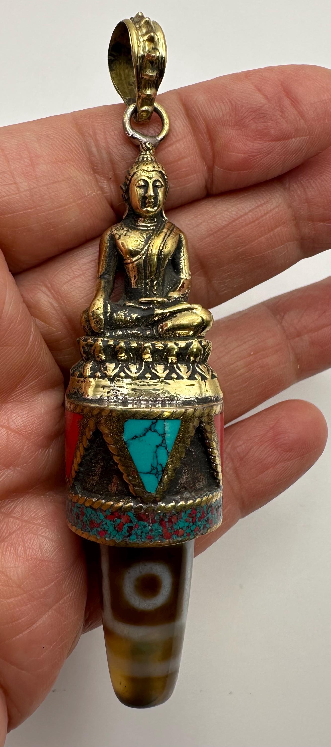 Handcrafted Brass Buddha Pendant: Agate Dzi Bead, Nepalese