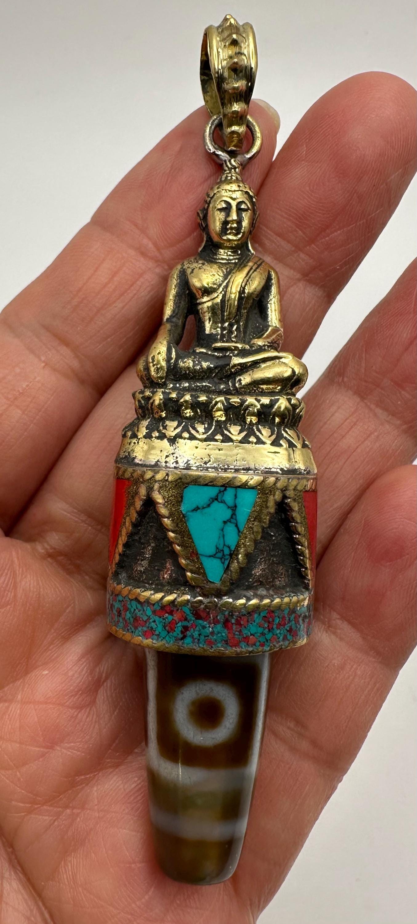 Handcrafted Brass Buddha Pendant: Agate Dzi Bead, Nepalese