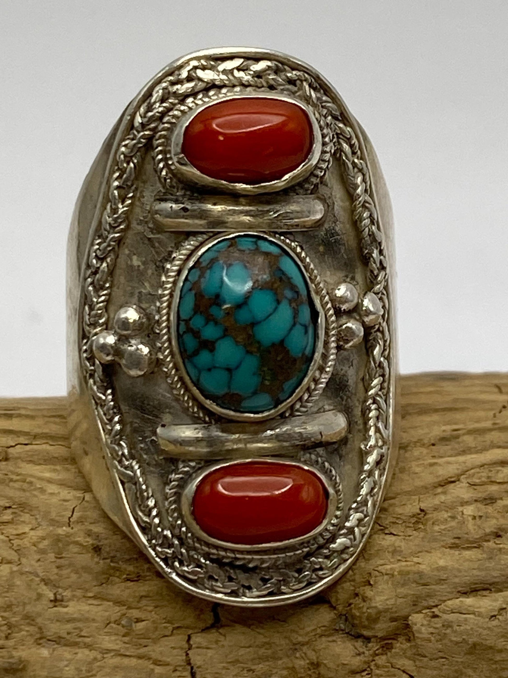 Turquoise, coral ring,handcrafted,sterling silver,adjustable,