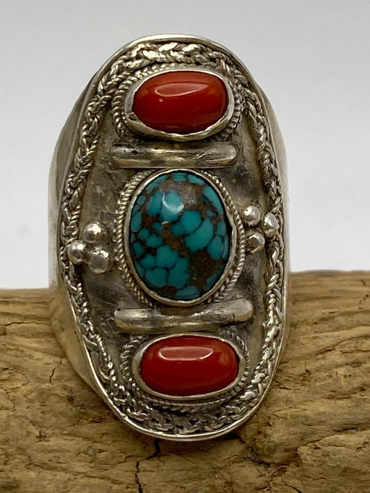 Turquoise, coral ring,handcrafted,sterling silver,adjustable,