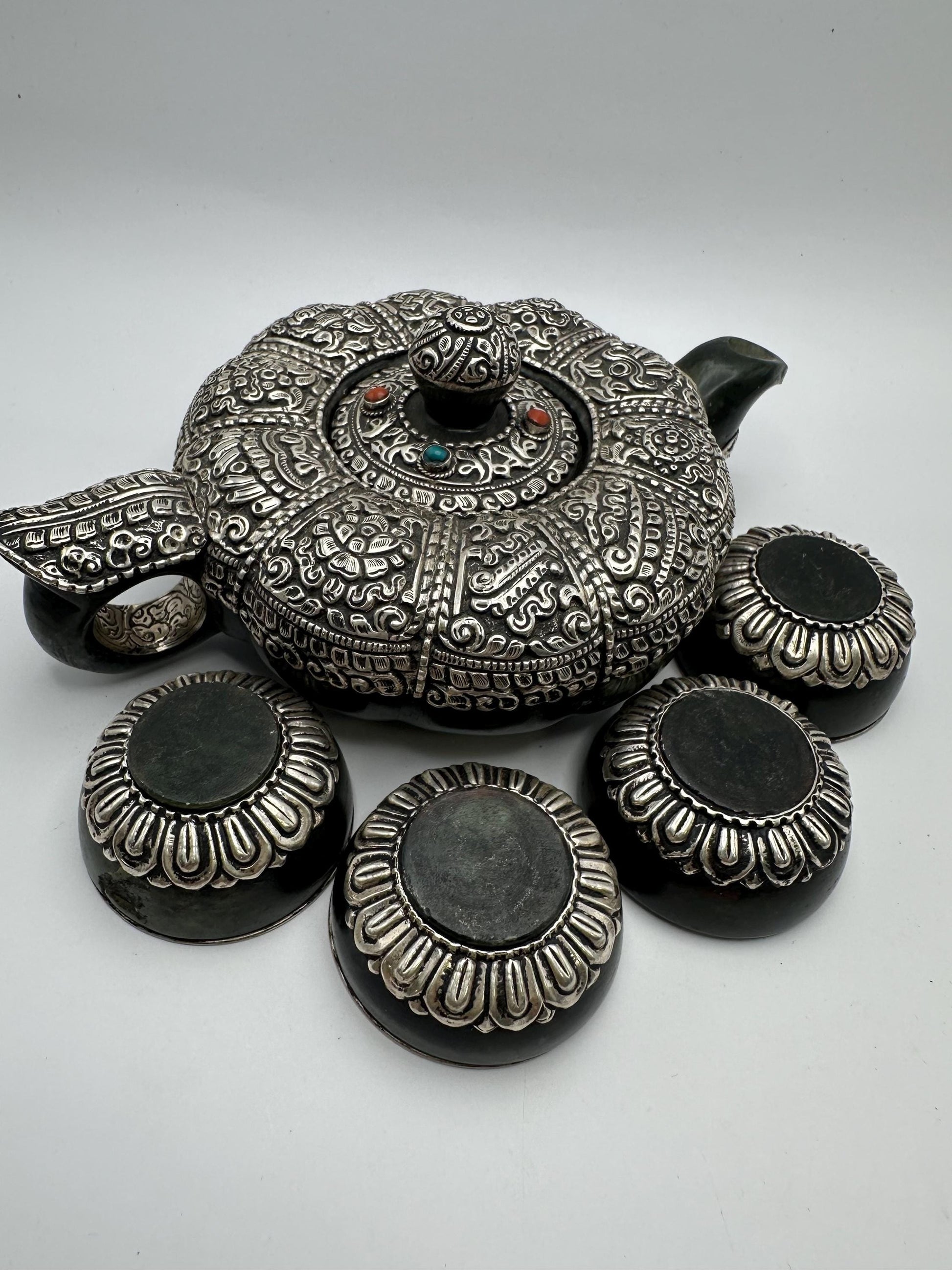 Handcrafted Jade Tea Set: Sterling Silver, Eight Auspicious Symbols