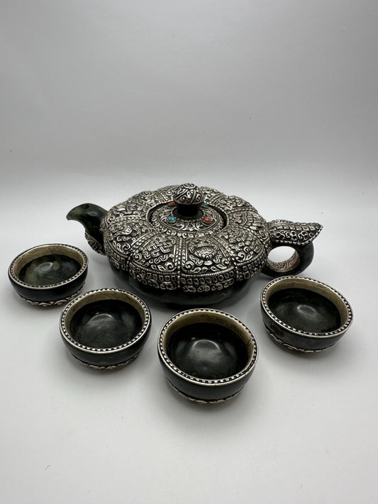 Handcrafted Jade Tea Set: Sterling Silver, Eight Auspicious Symbols