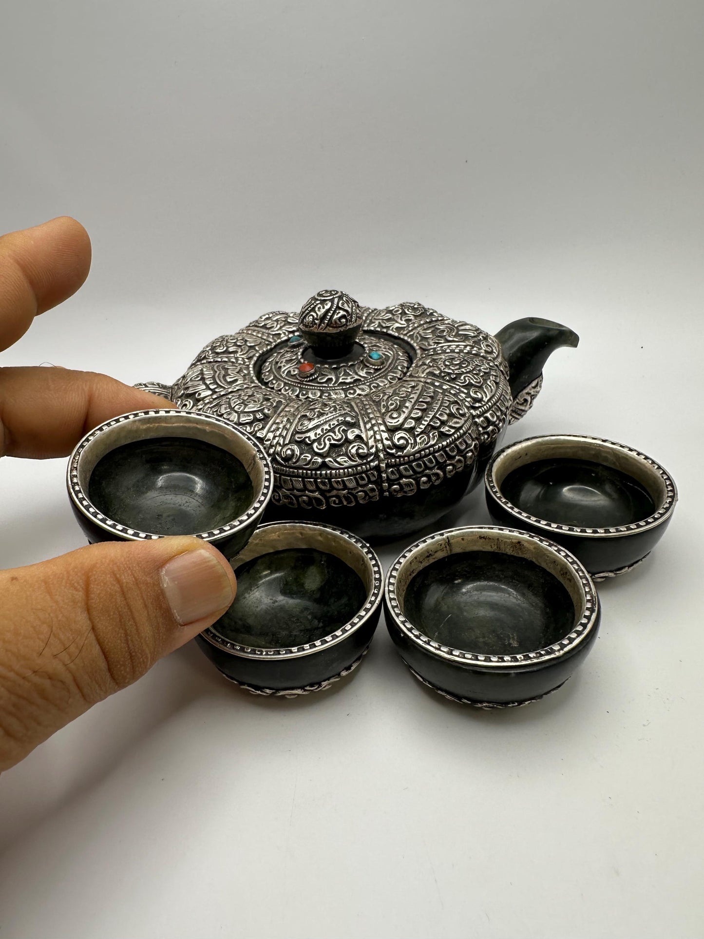 Handcrafted Jade Tea Set: Sterling Silver, Eight Auspicious Symbols