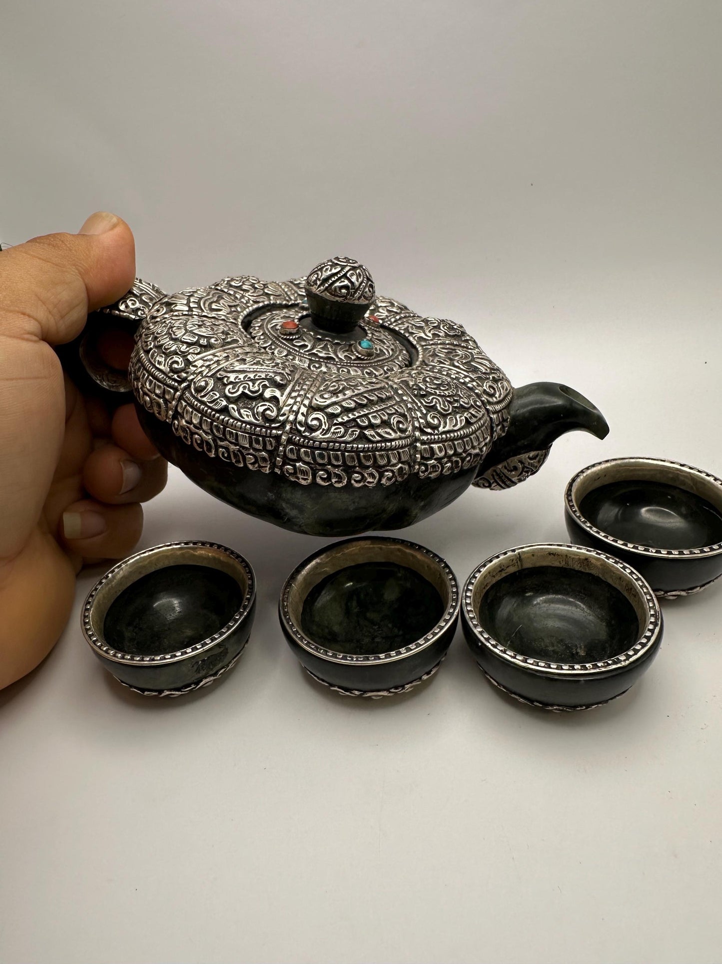 Handcrafted Jade Tea Set: Sterling Silver, Eight Auspicious Symbols