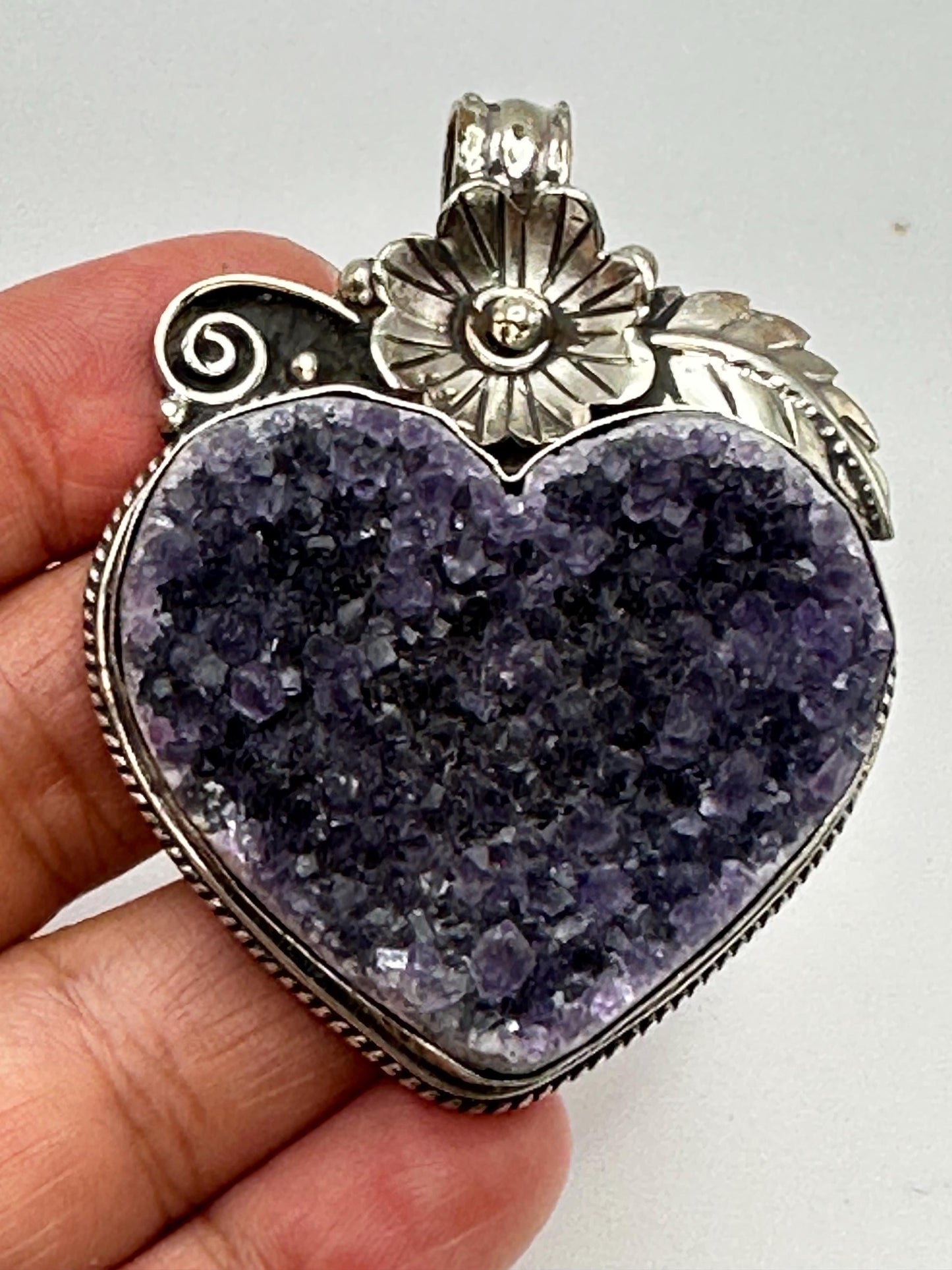 Amethyst Druzy Heart Pendant: Handcrafted Tibetan Silver Floral Design