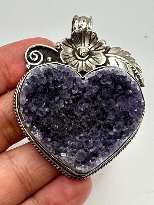 Amethyst Druzy Heart Pendant: Handcrafted Tibetan Silver Floral Design