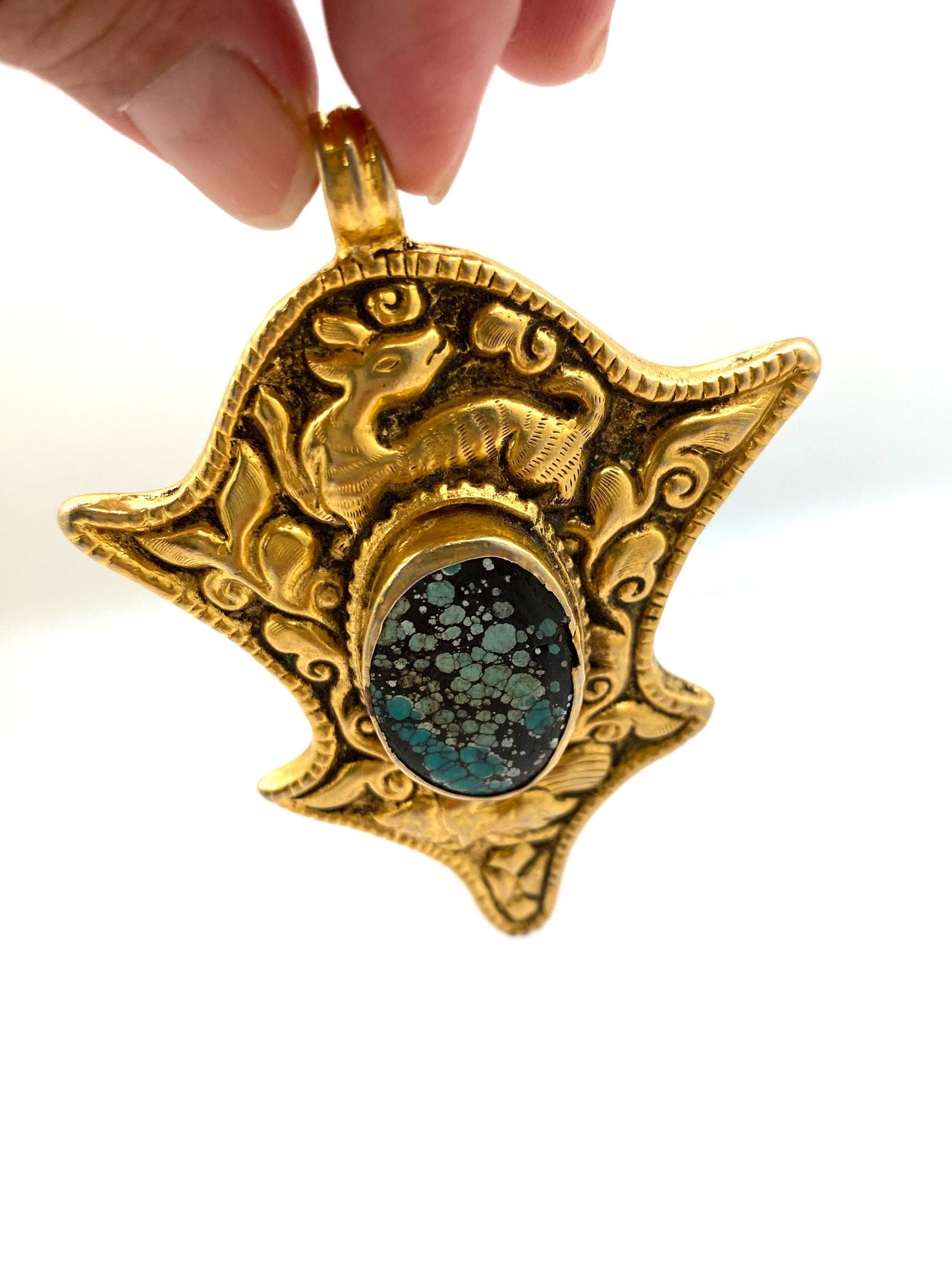 Large pendant, turquoise, handcrafted, Tibetan silver, ethnic style, animal lover, bird, baby deer,gold plated,Nepalese.
