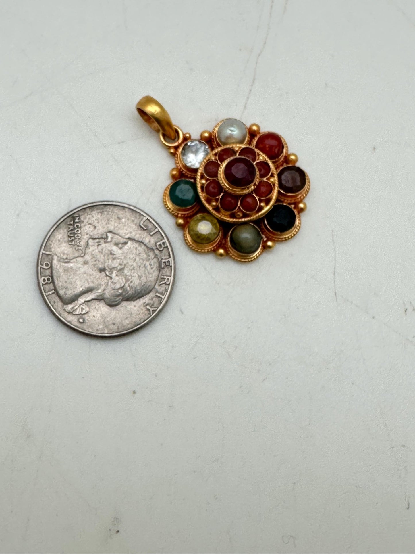 Navaratna pendant, sterling silver, gold plated,handcrafted, flower,natural stone, nine planet gem stone,semi precious stone