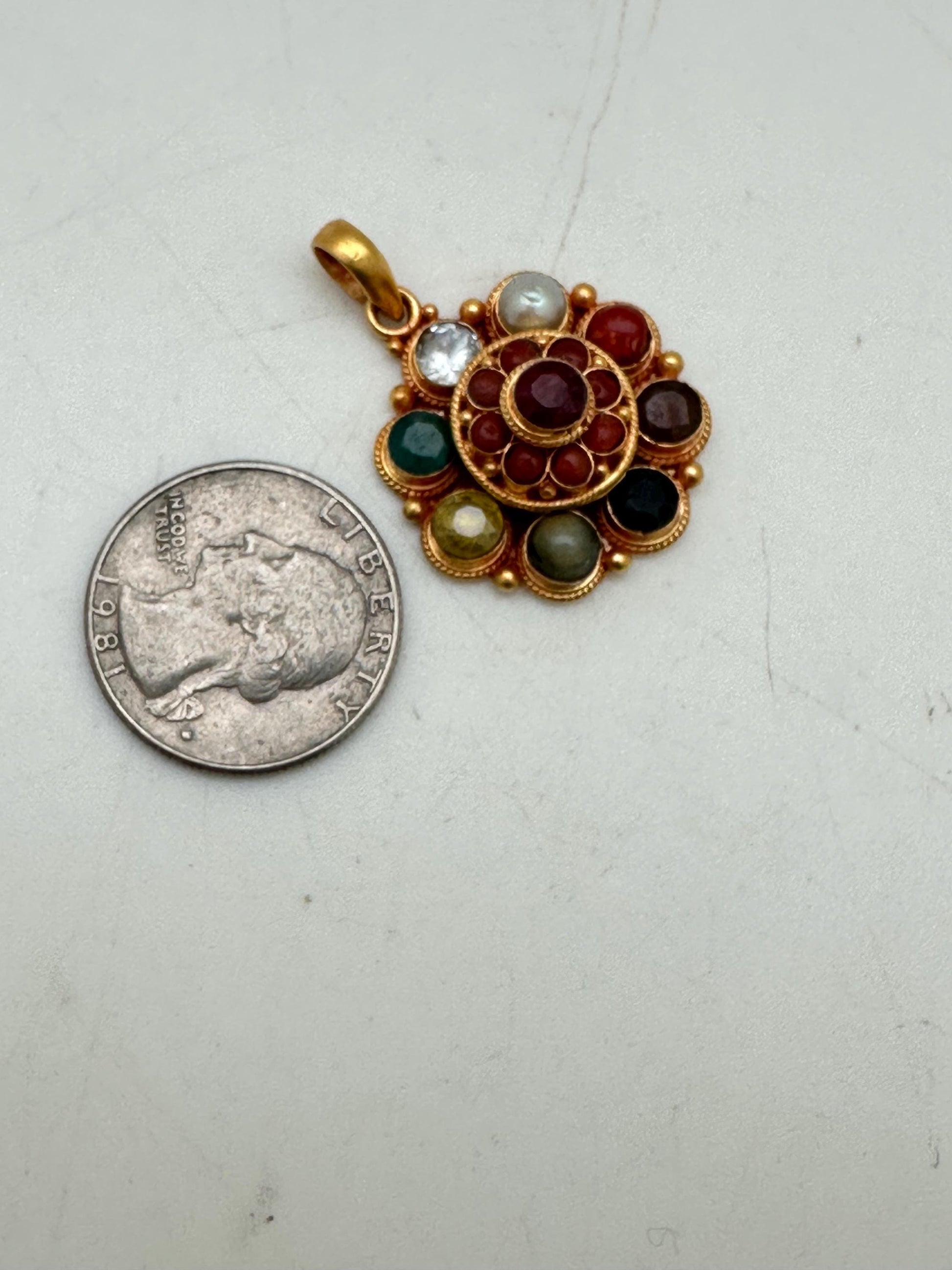 Navaratna pendant, sterling silver, gold plated,handcrafted, flower,natural stone, nine planet gem stone,semi precious stone