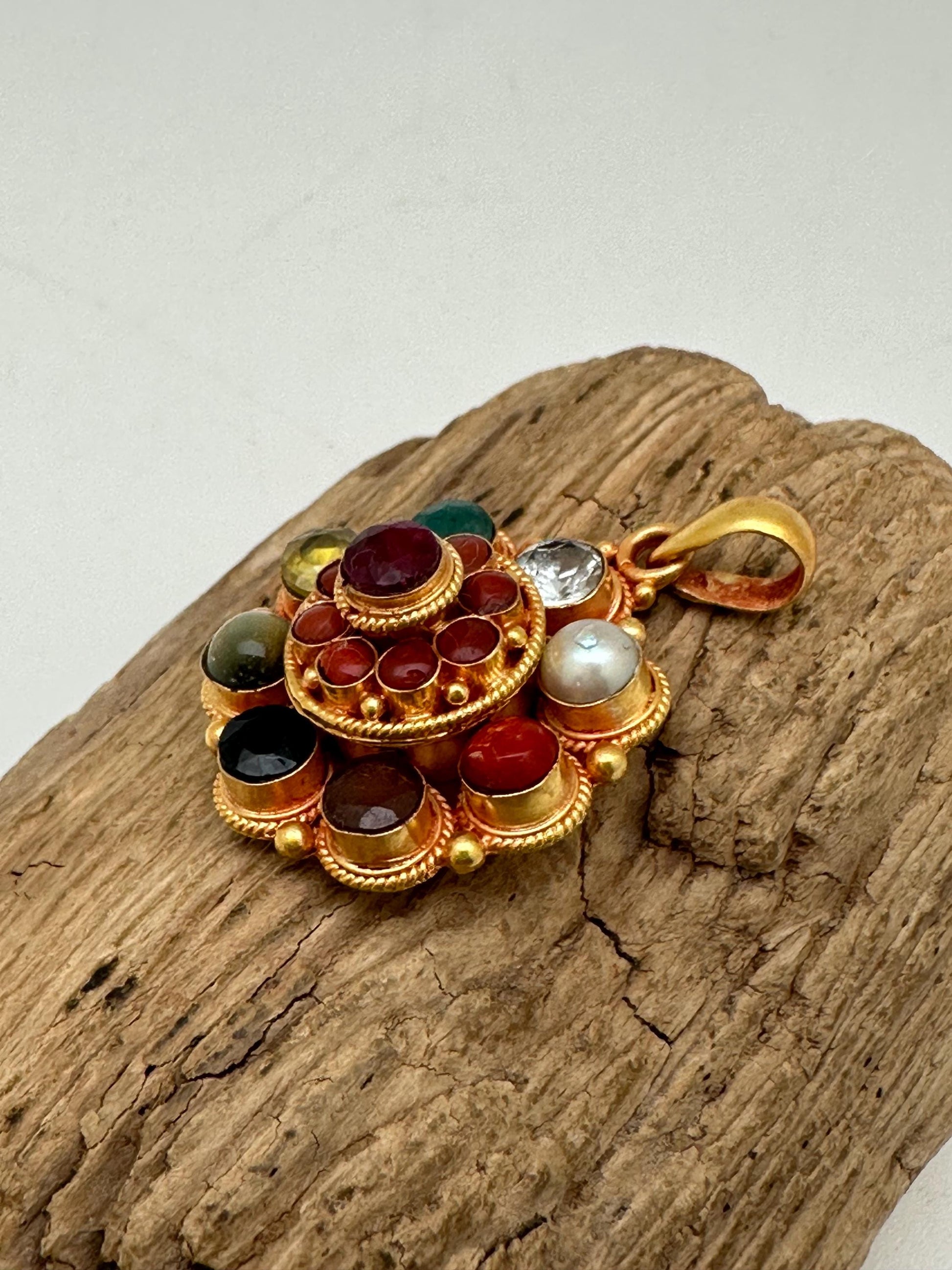 Navaratna pendant, sterling silver, gold plated,handcrafted, flower,natural stone, nine planet gem stone,semi precious stone