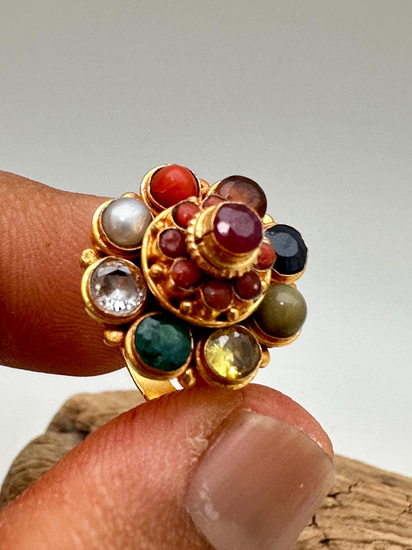 Navaratna Gemstone Ring: 24K Gold Plated Sterling Silver, Adjustable