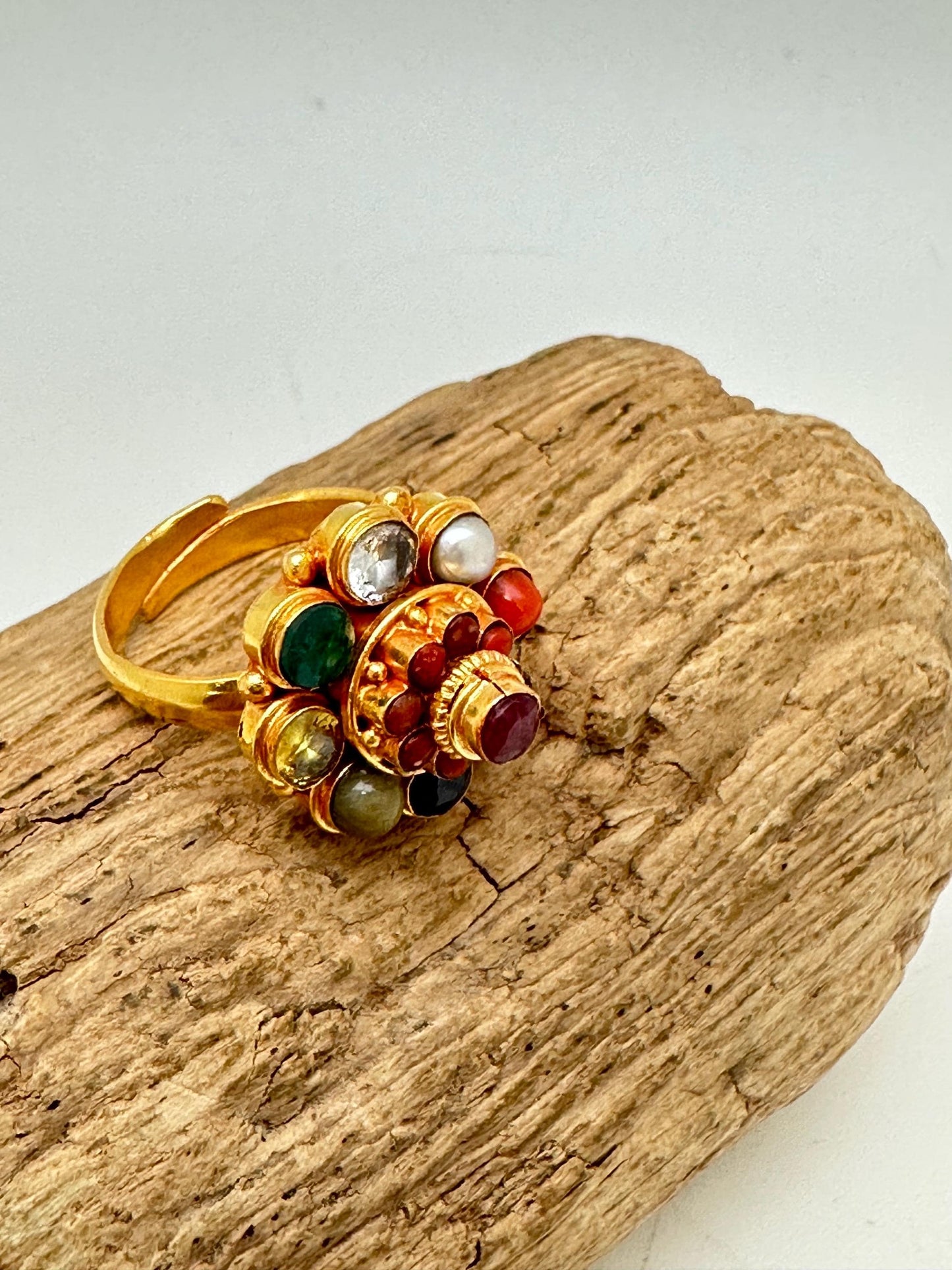 Navaratna Gemstone Ring: 24K Gold Plated Sterling Silver, Adjustable