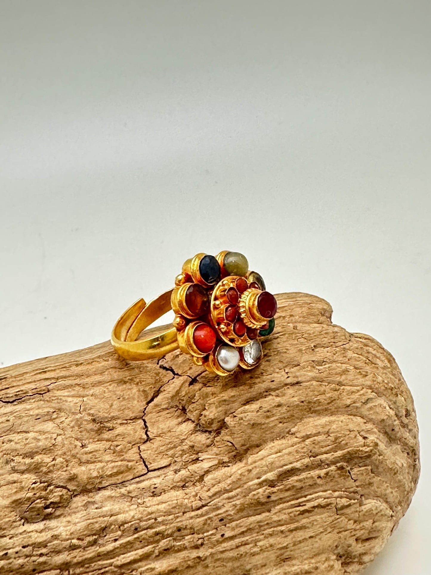 Navaratna Gemstone Ring: 24K Gold Plated Sterling Silver, Adjustable