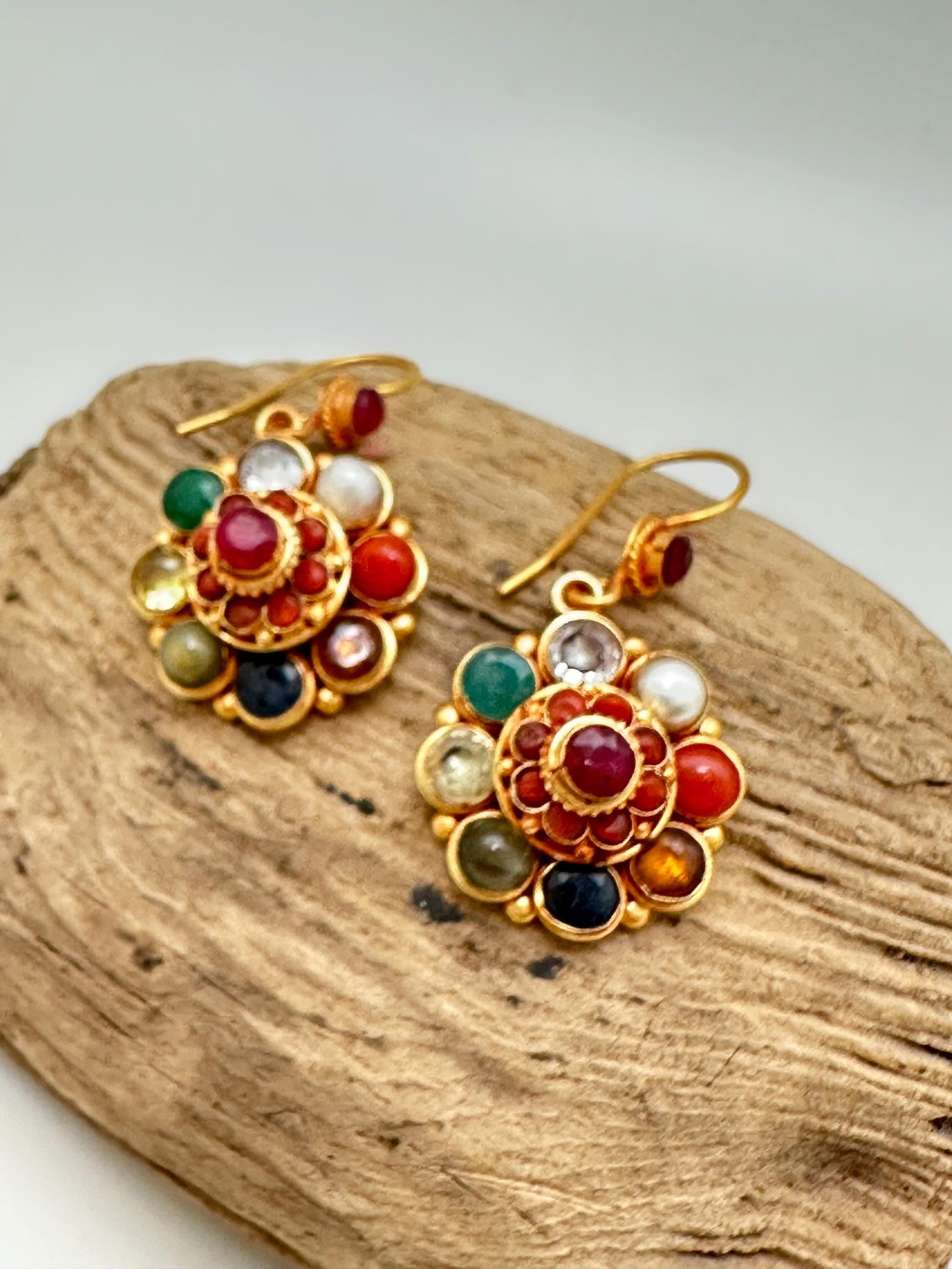 Navaratna ,Gemstone Earring, Gold Plated Sterling Silver Flower