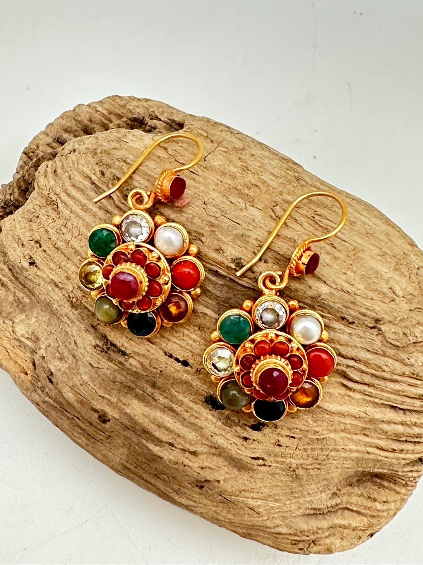 Navaratna ,Gemstone Earring, Gold Plated Sterling Silver Flower