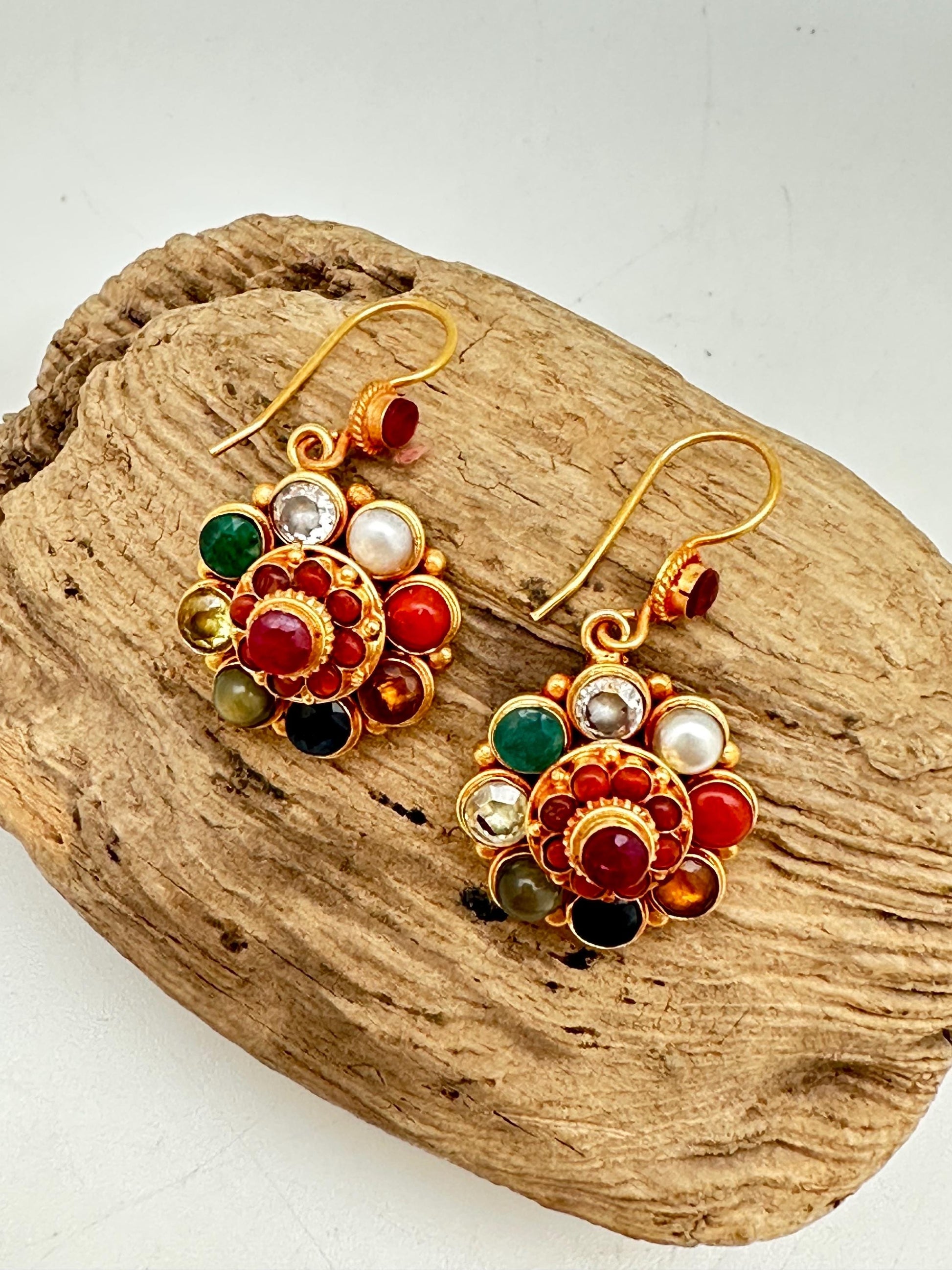 Navaratna ,Gemstone Earring, Gold Plated Sterling Silver Flower