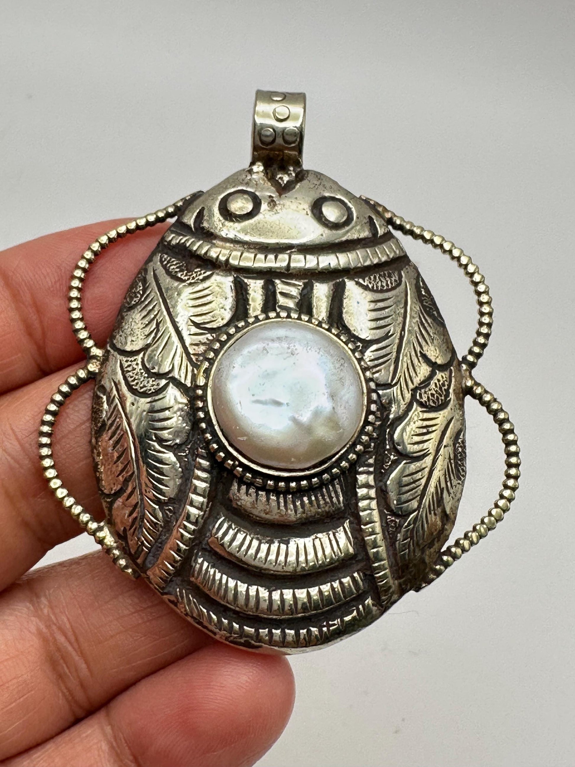 scarab pendant,handcrafted,mother of pearl,Tibetan silver,bug pendant
