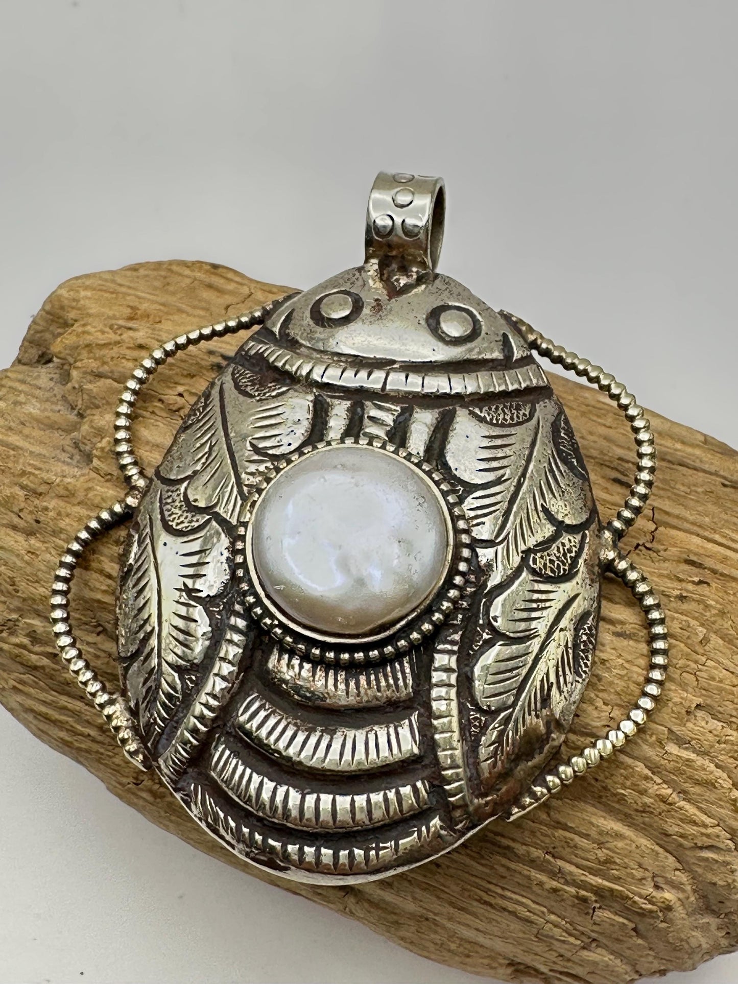 scarab pendant,handcrafted,mother of pearl,Tibetan silver,bug pendant